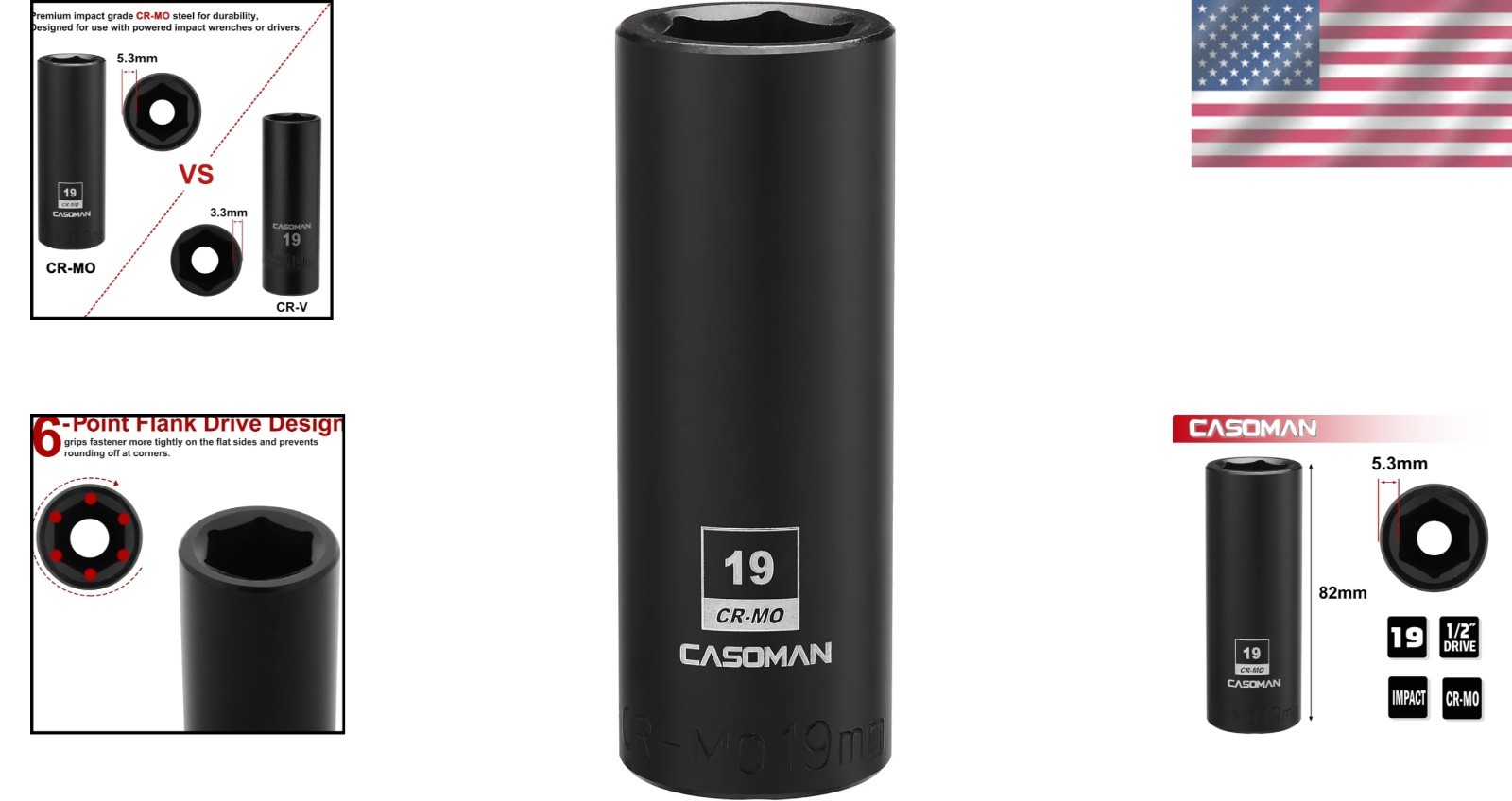 Corrosion-Resistant 19mm Deep Impact Socket, 1/2 Inch Drive - 6-Point Design
