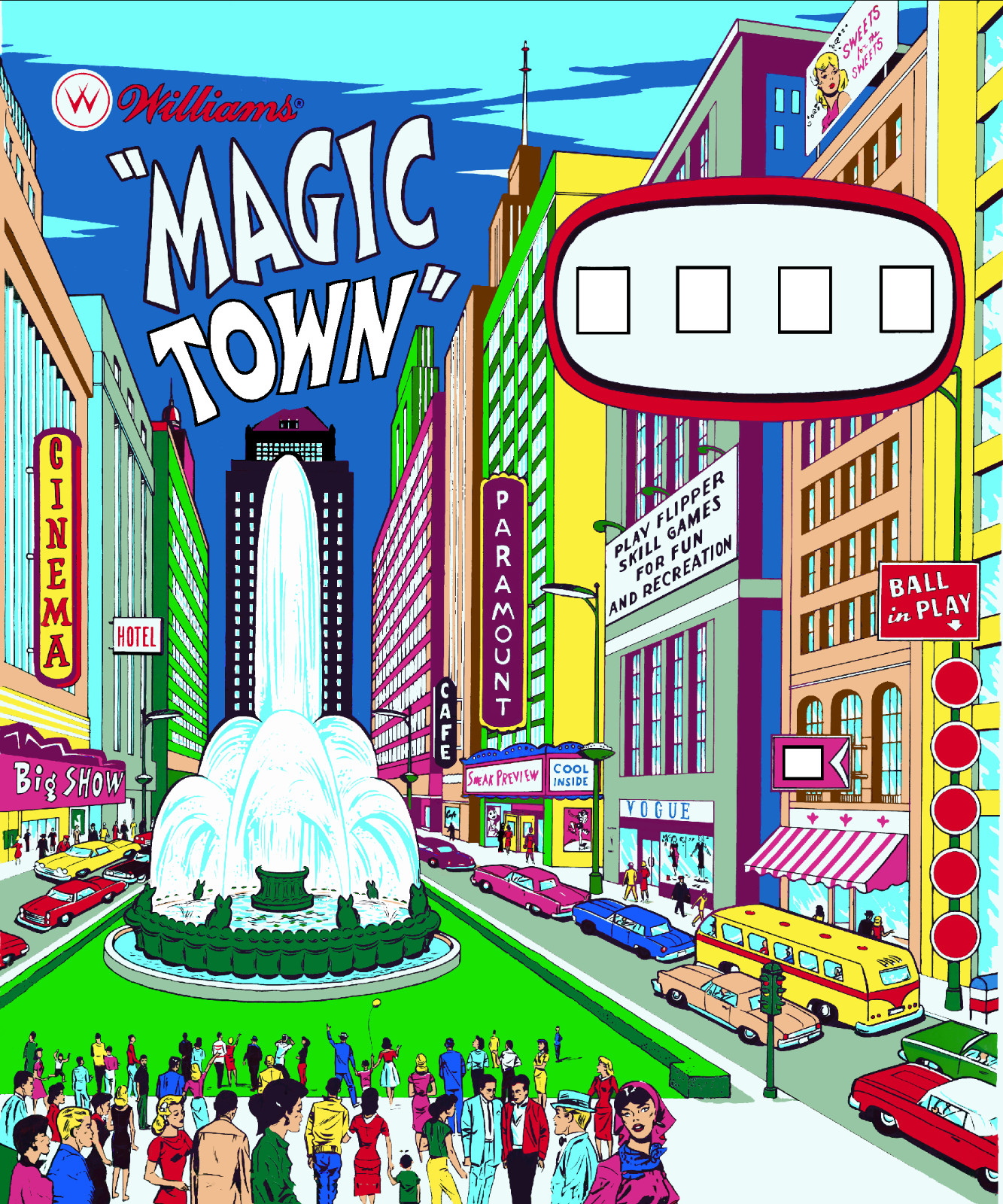 Williams 1967 MAGIC TOWN  Pinball Machine Drop In REPLACEMENT BACKGLASS