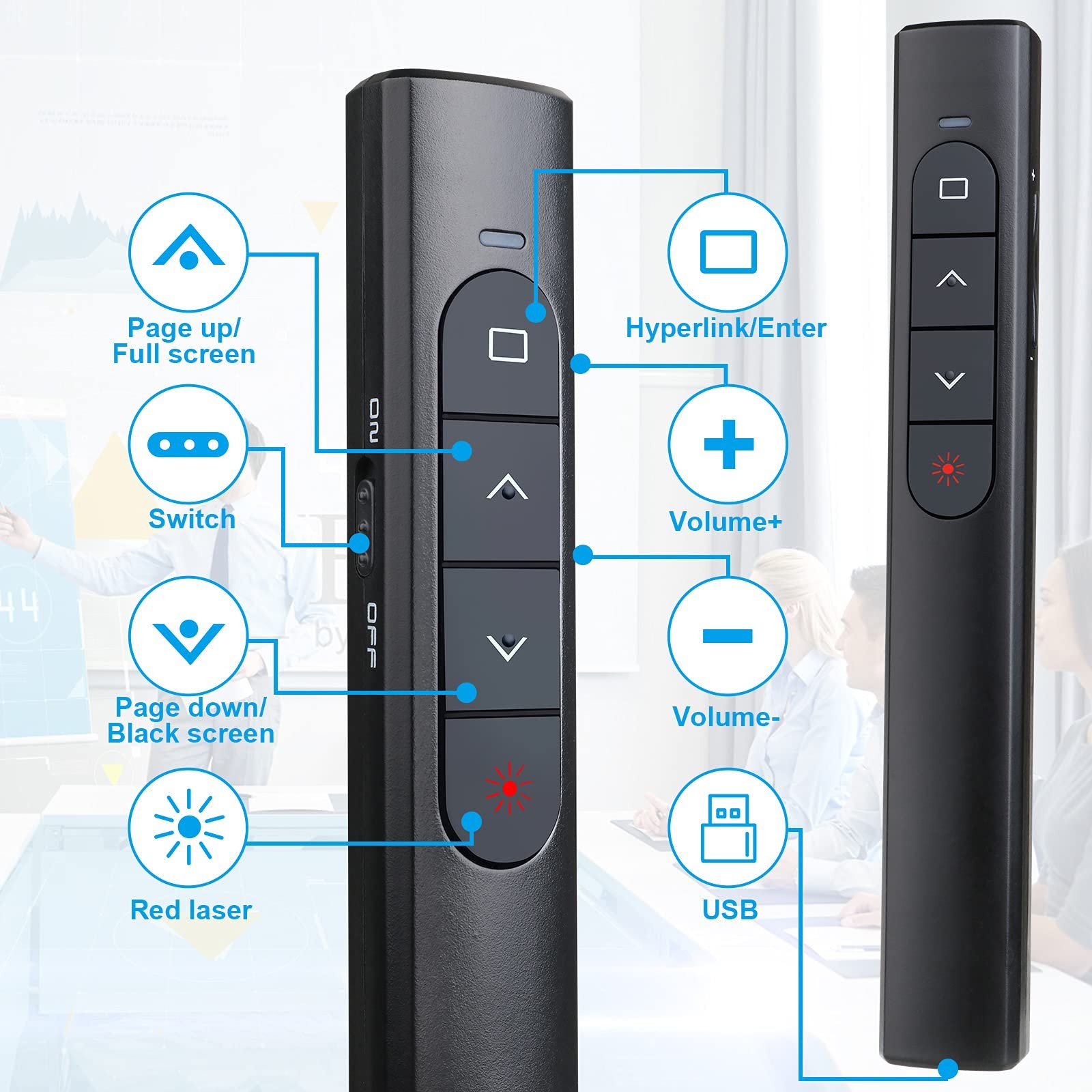 Wireless Presenter Remote, Presentation Clicker with Hyperlink & Volume Remot...