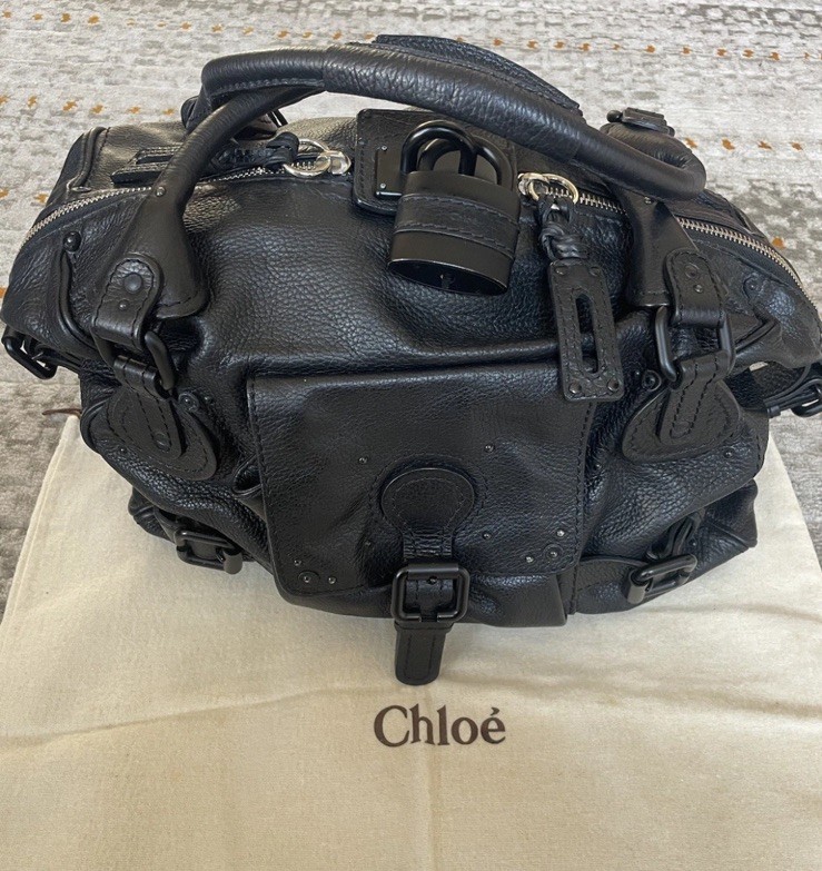 CHLOÉ Black Pebbled Leather Paddington BLACK LOCK Medium Shoulder Bag Purse RARE