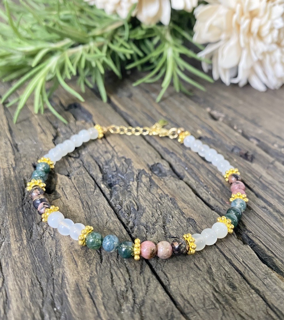 Tiny Gemstone Beaded Bracelet, Moonstone, Rhodonite, Tree Agate, Gold Chain