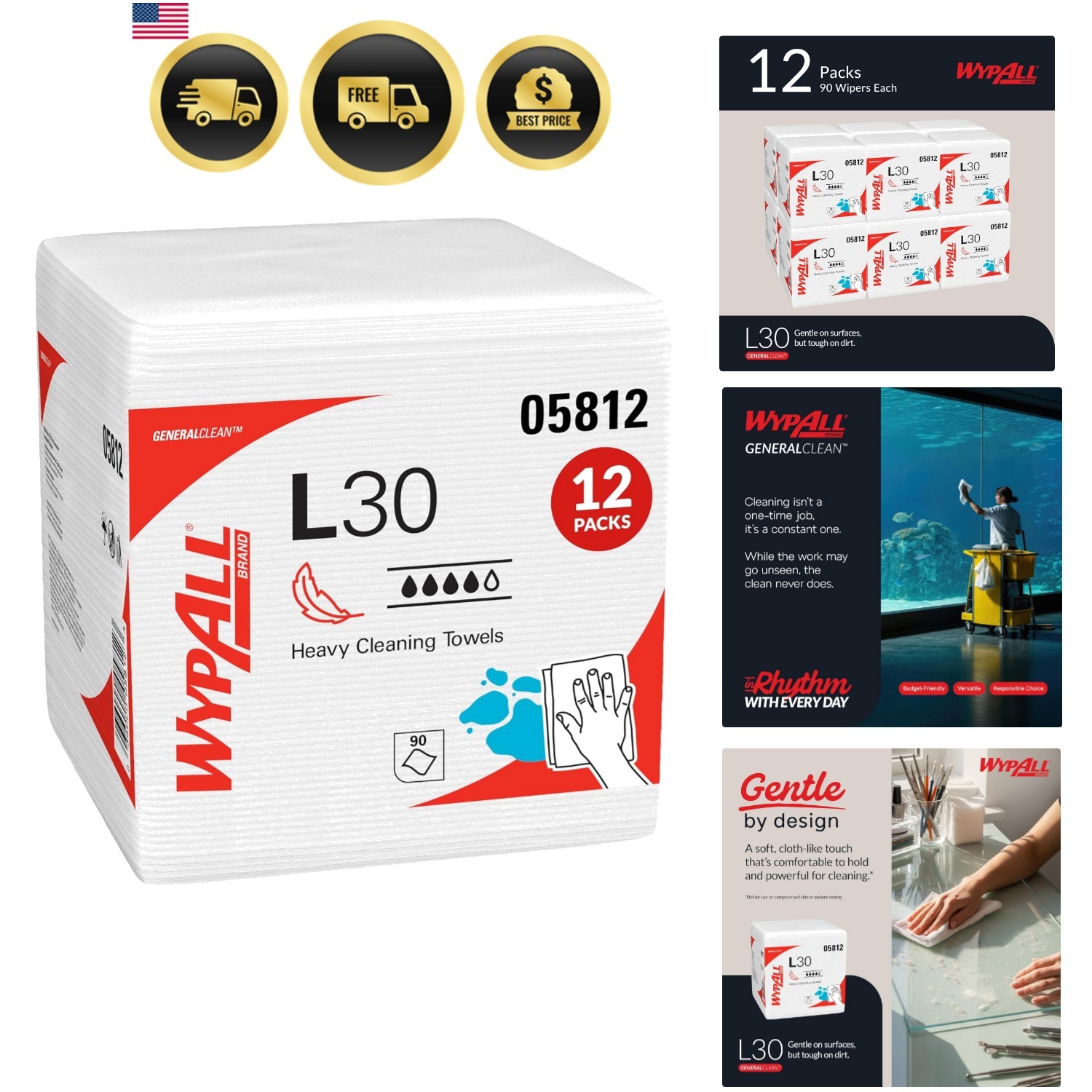 GeneralClean L30 Cloths Heavy Duty Cleaning Wipes 05812, Quarterfold, Strong ...
