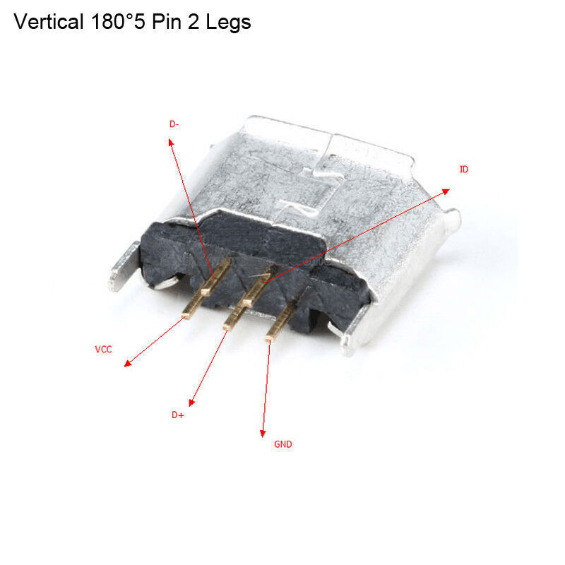 Micro USB Type B Female Connector DIP 5P Socket Vertical 180°5 Pin 2 Legs