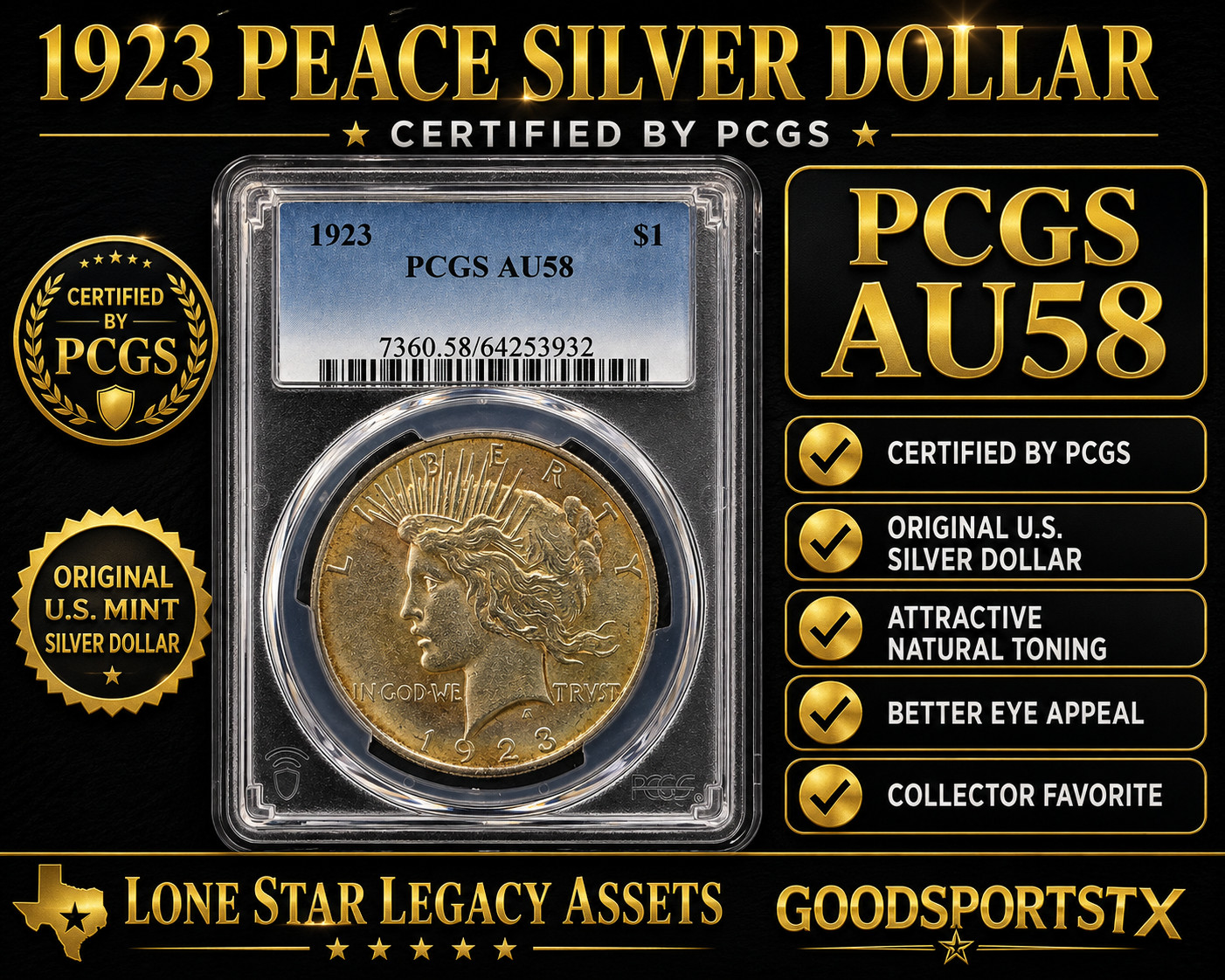 1923 Peace Silver Dollar $1 PCGS AU58 Certified Better Eye Appeal Original Coin