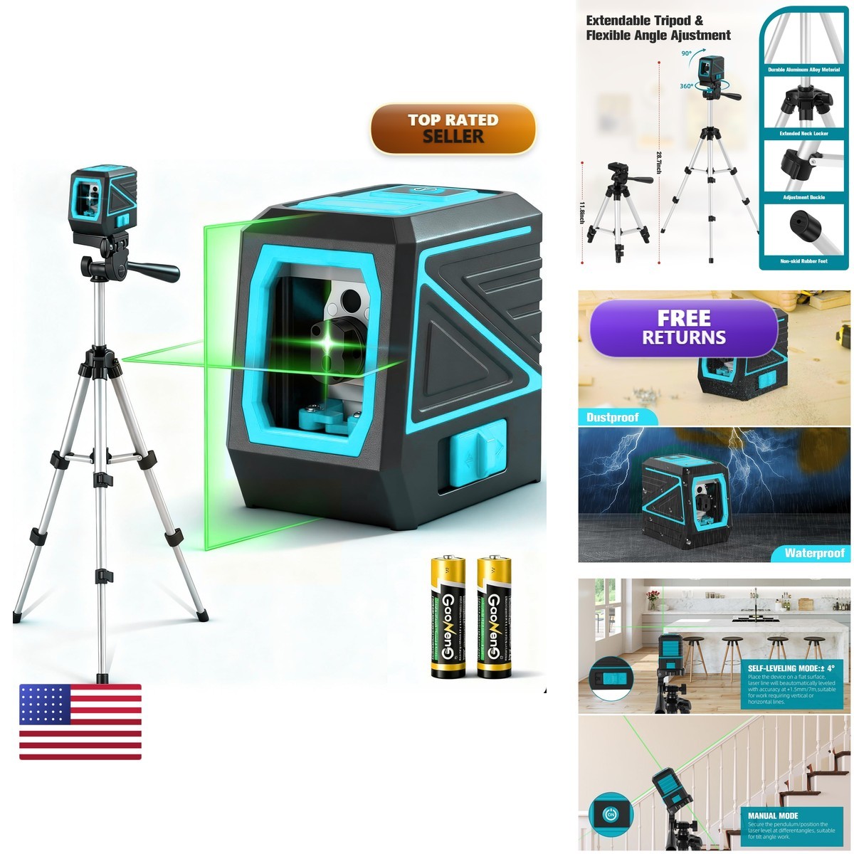 Koxobet Laser Level Tripod 100 Feet Green Cross Line Self Rotary Leveling Laser