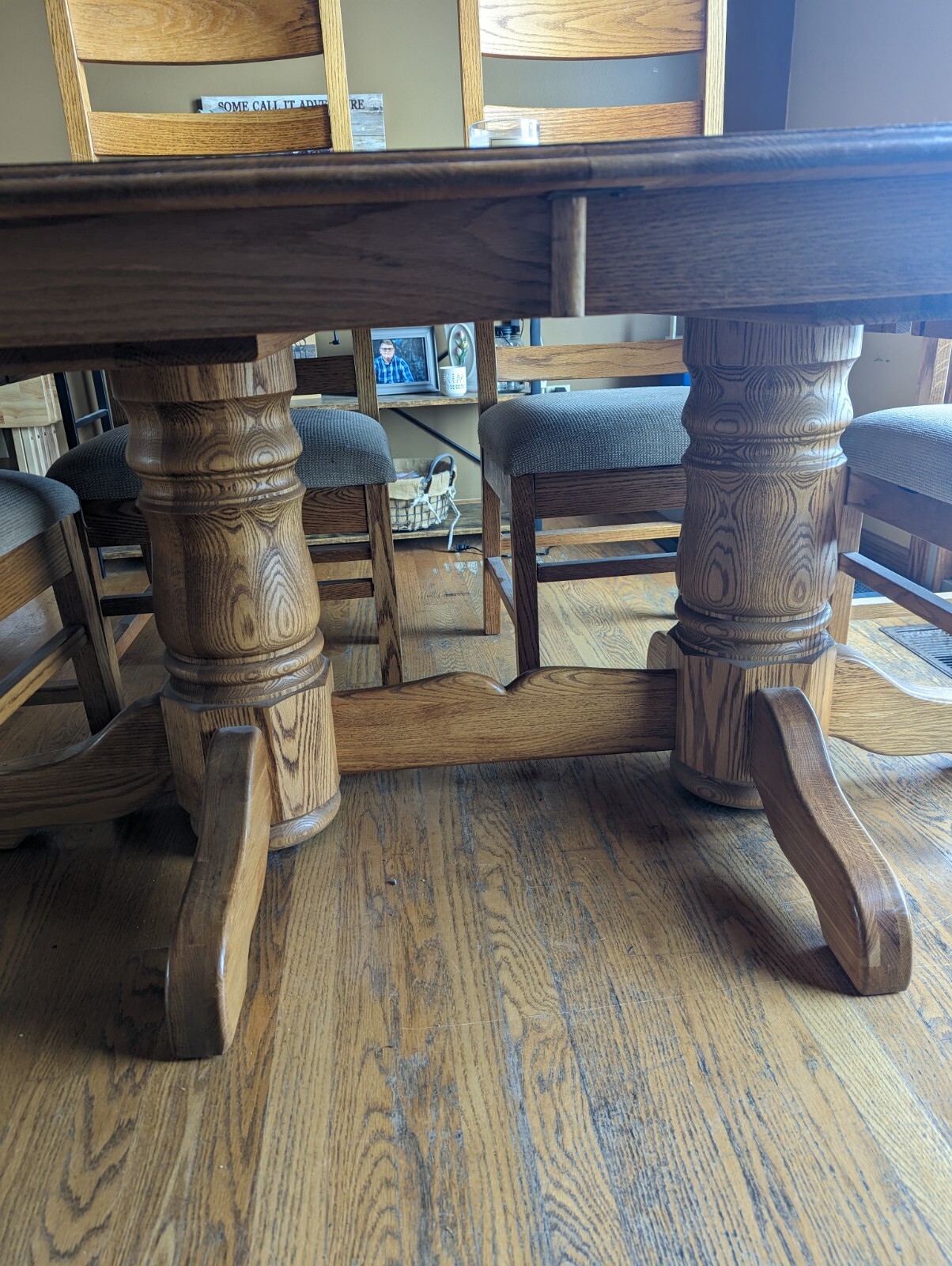 Solid wood dining room set. 5'5" closed. Opens to 9'5" with leafs.