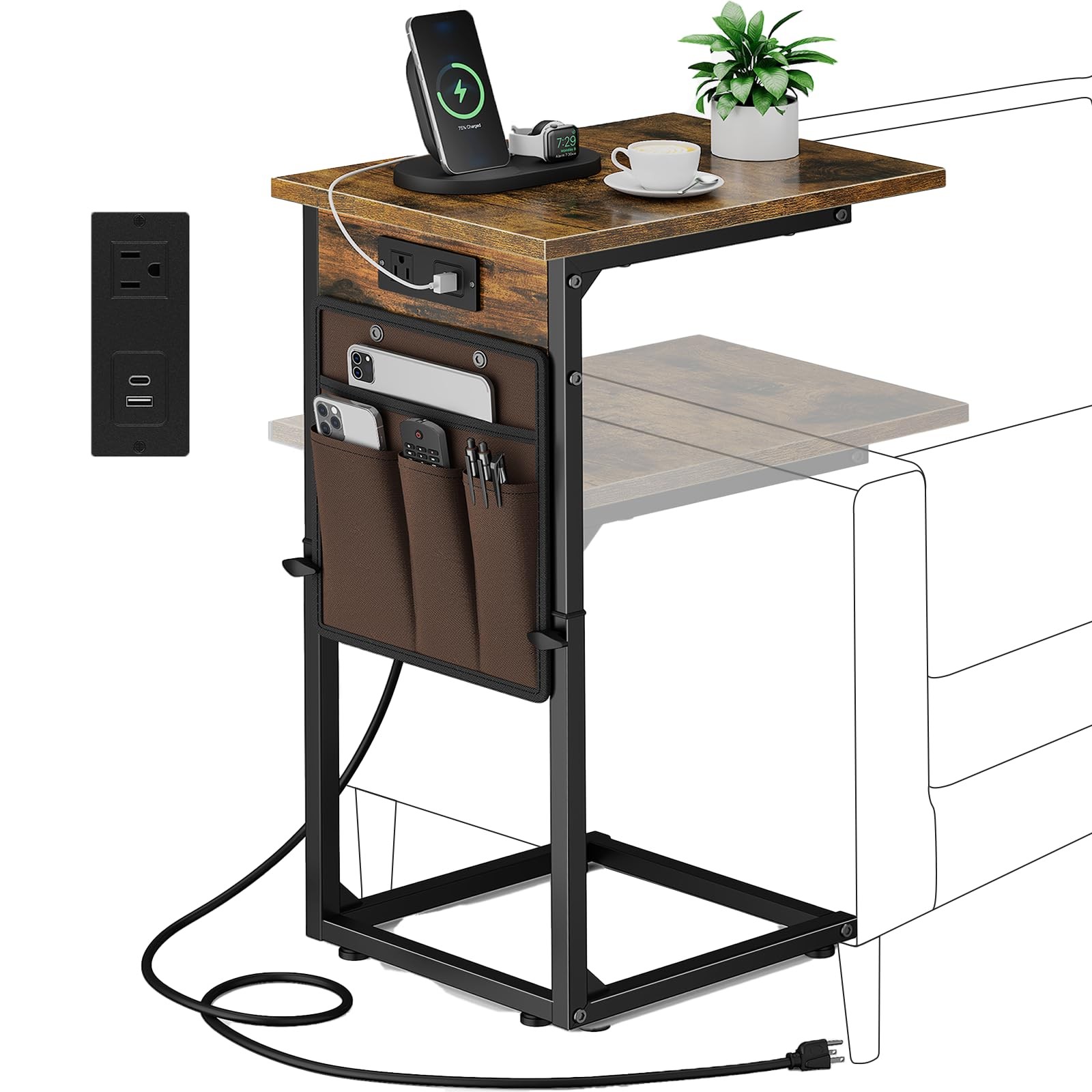C Shaped End Table with Charging Station, Adjustable Height Side Table for Co...