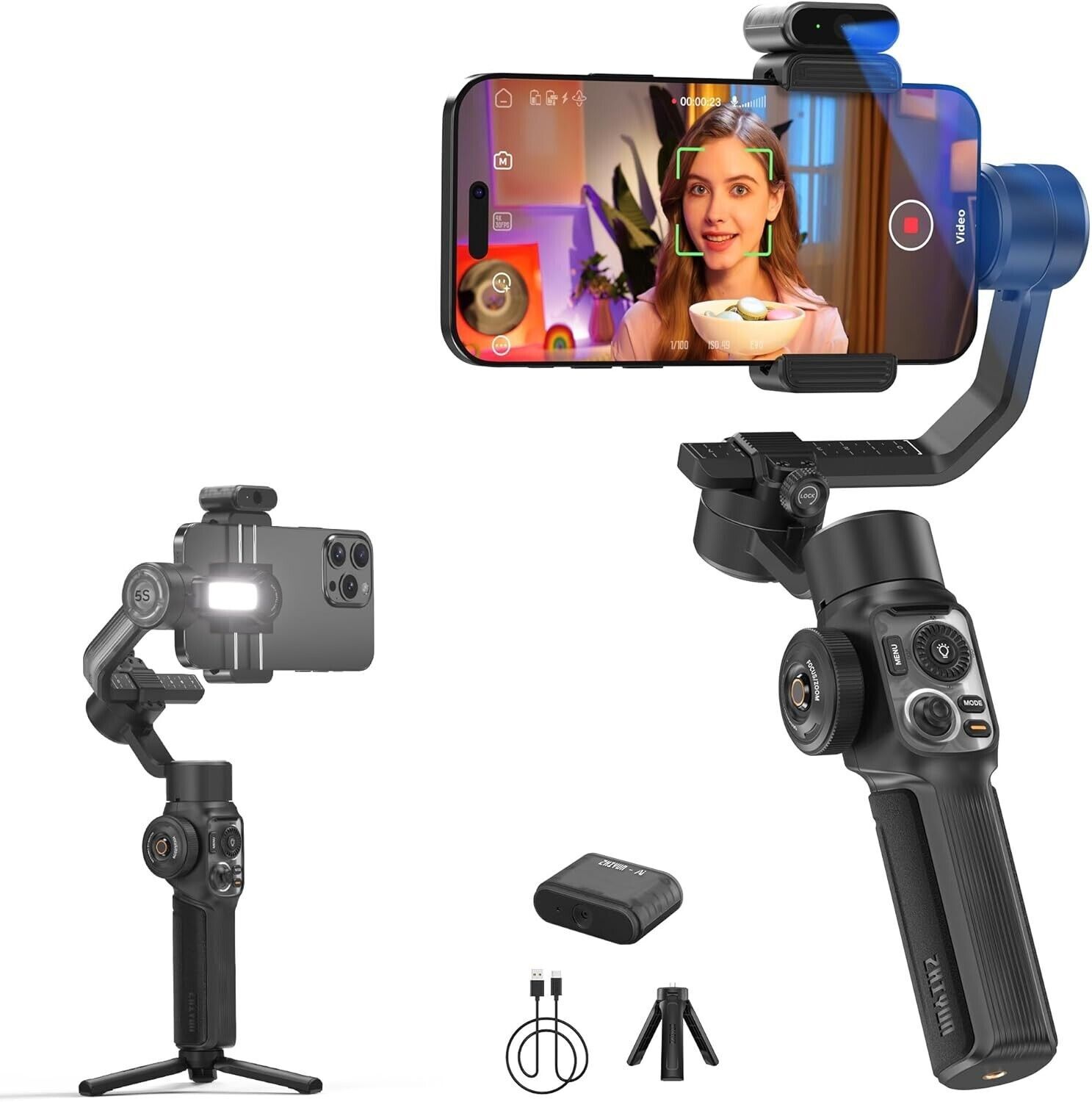 Zhiyun Smooth 5S AI Combo, 3-Axis Gimbal Stabilizer Fill Light for Phone Gimbal