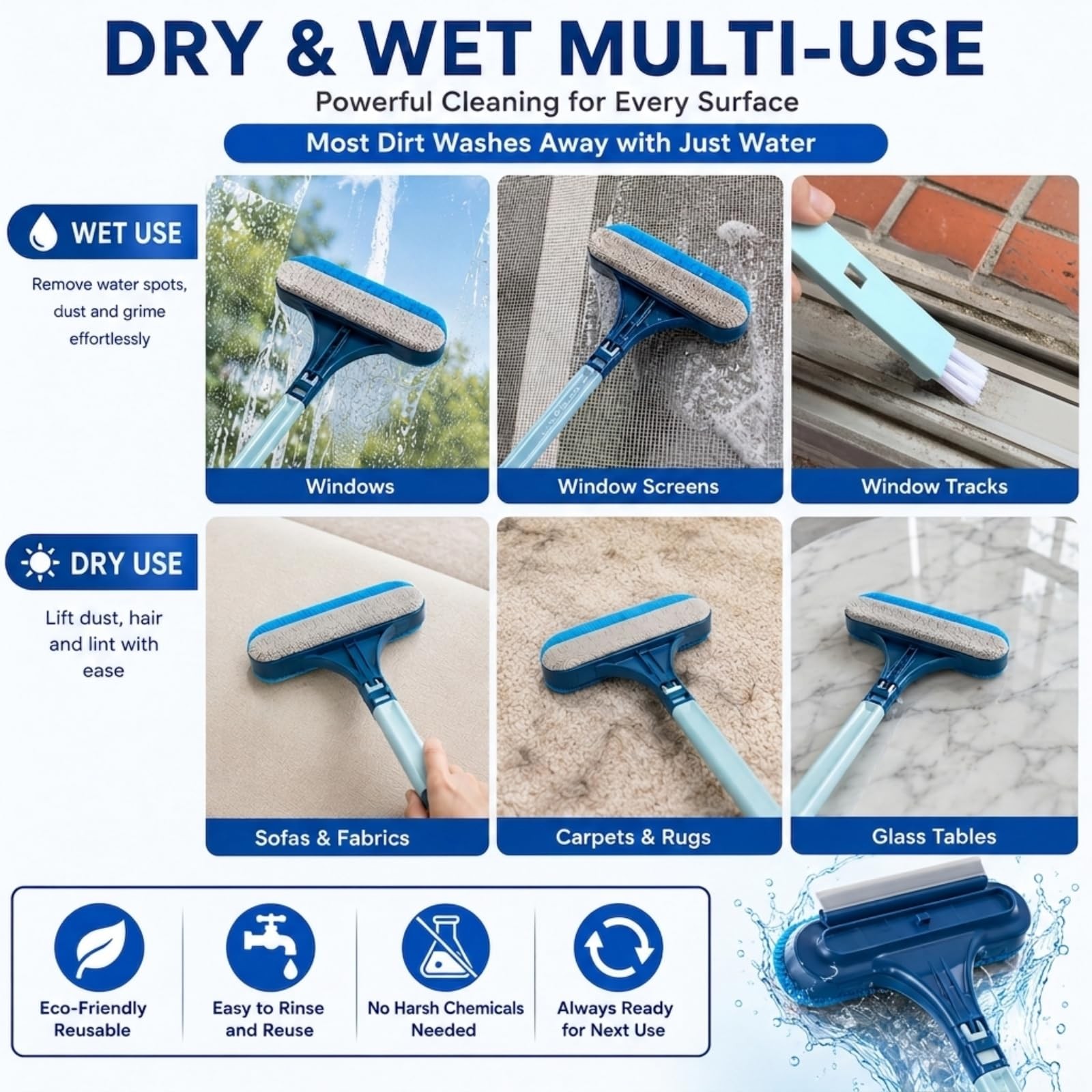 Blue 3 in 1 Window Screen Cleaner Brush Mesh Cleaning Tool