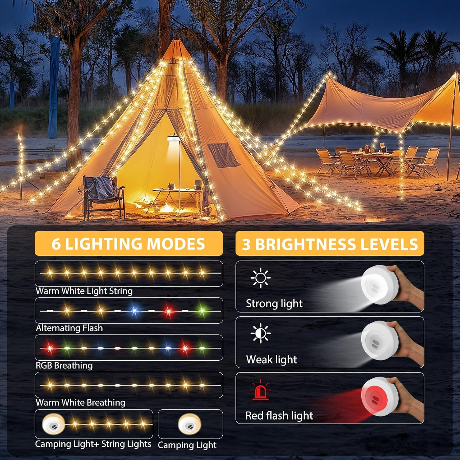 Camping String Lights, 4 in 1 Quick Storage 32.8FT Rechargeable Tent Lights with
