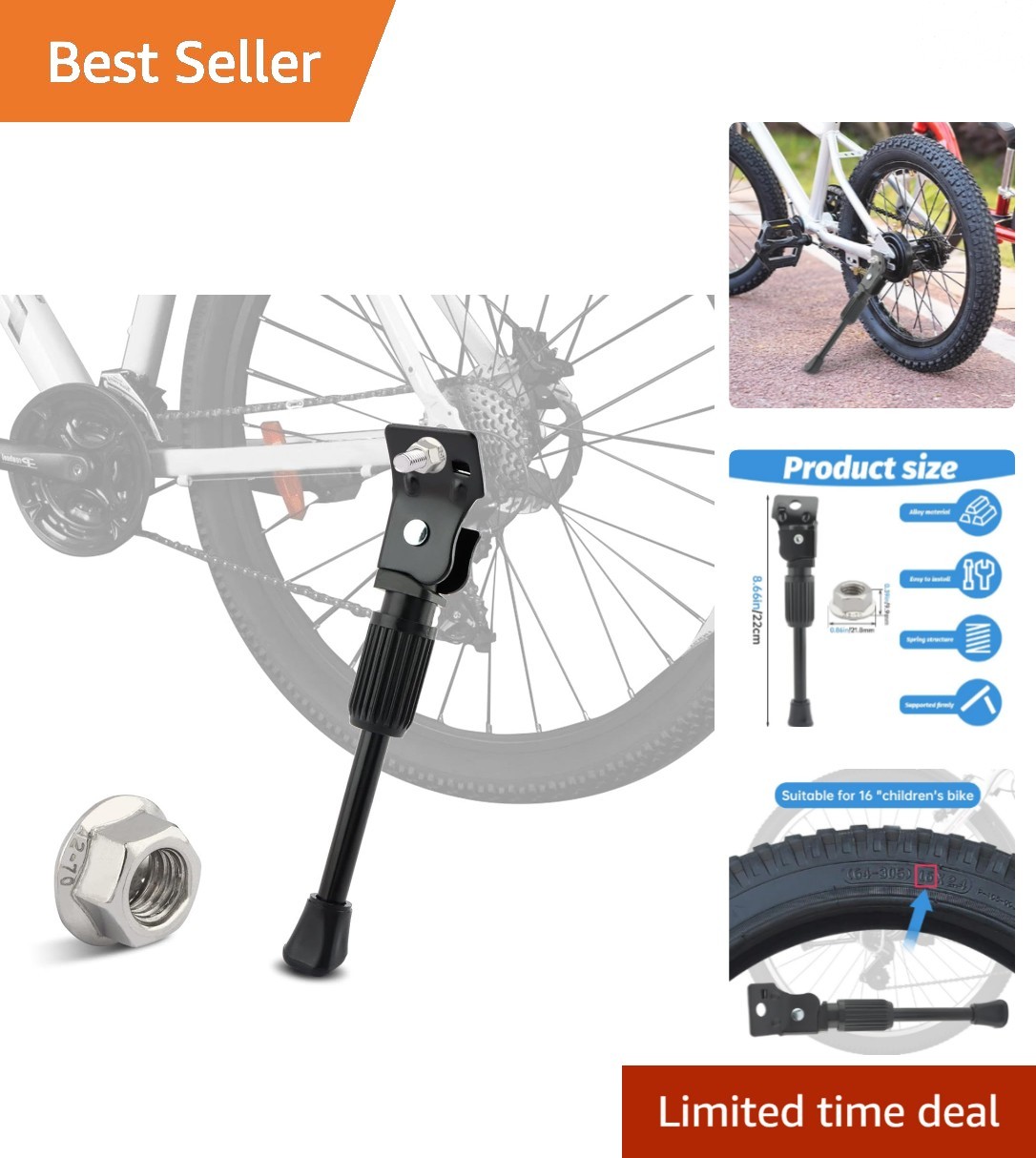 Reliable Rear Mounted Kickstand for 16-Inch Kids Bikes - Rust-Resistant Design