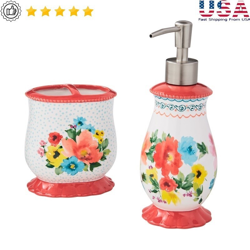 Multicolor Ceramic Bath Accessories Set Soap Dispenser Toothbrush Holder 2pc New