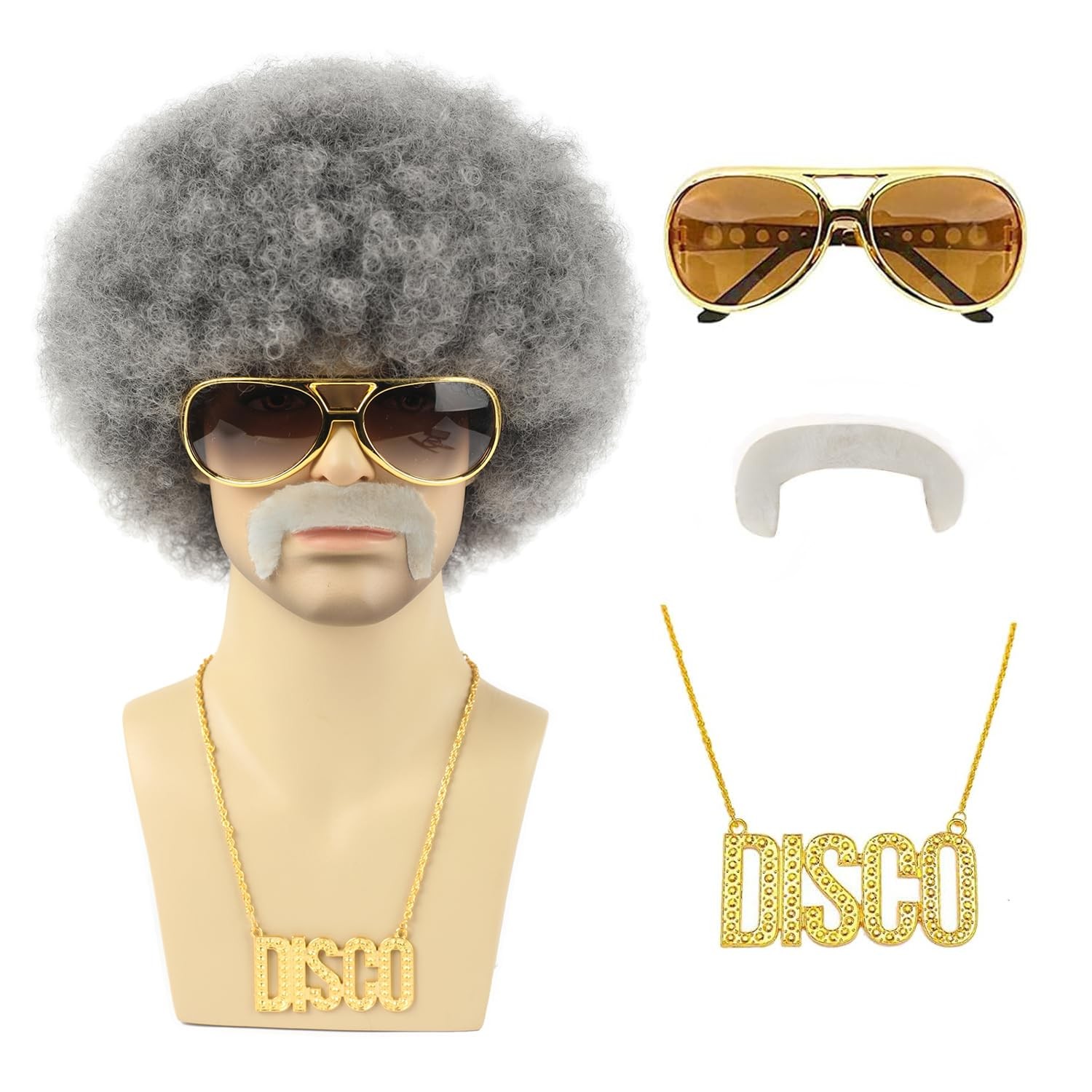 70s Grey Afro Wig for Men 5Pcs Set Wig+ Glasses+ Necklace+ Mustache+ Wig Cap ...