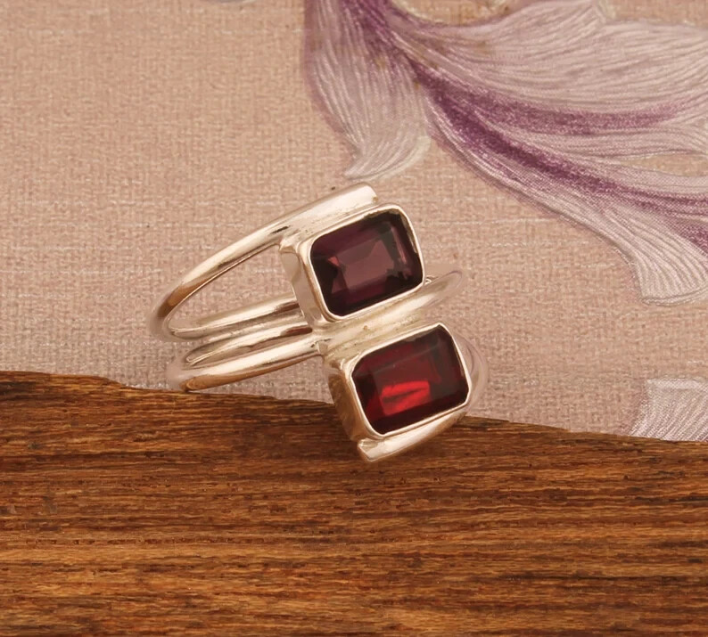 Natural Red Garnet Baguette Cut Stone Solid 925 Sterling Silver Ring , All Size