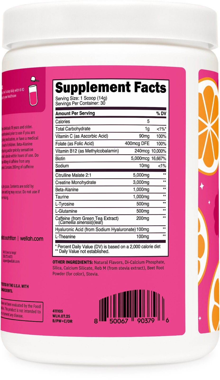 Wellah Pre-Workout + Creatine Powder (30 Servings) Orange Raspberry -3g Creatine