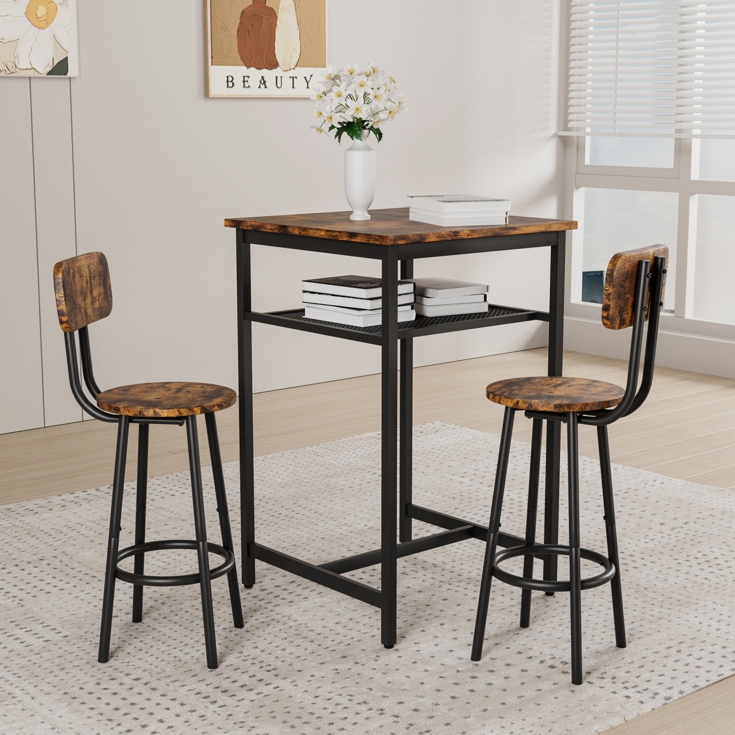 3 Piece Bar Table Set Counter Height Dining Kitchen Pub Table with 2 Bar Chairs