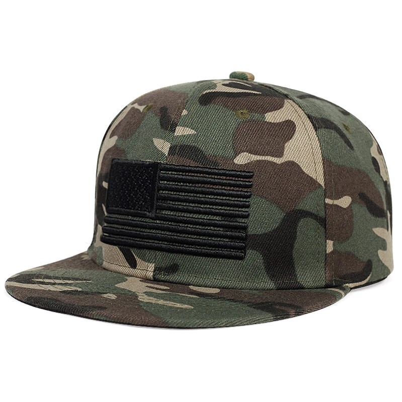 Camo & Black American Flag Embroidered Flat Brim Baseball Cap Hat Adjustable