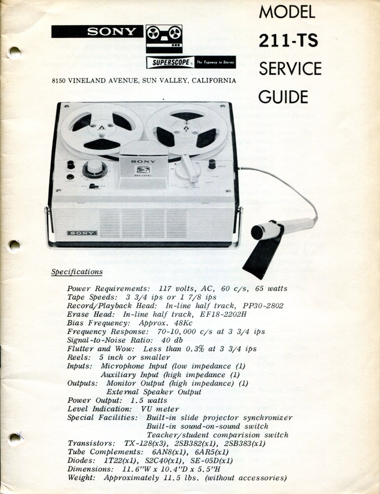 Sony Superscope Model 211-TS Tapecorder Service Guide Electronic Service Manual