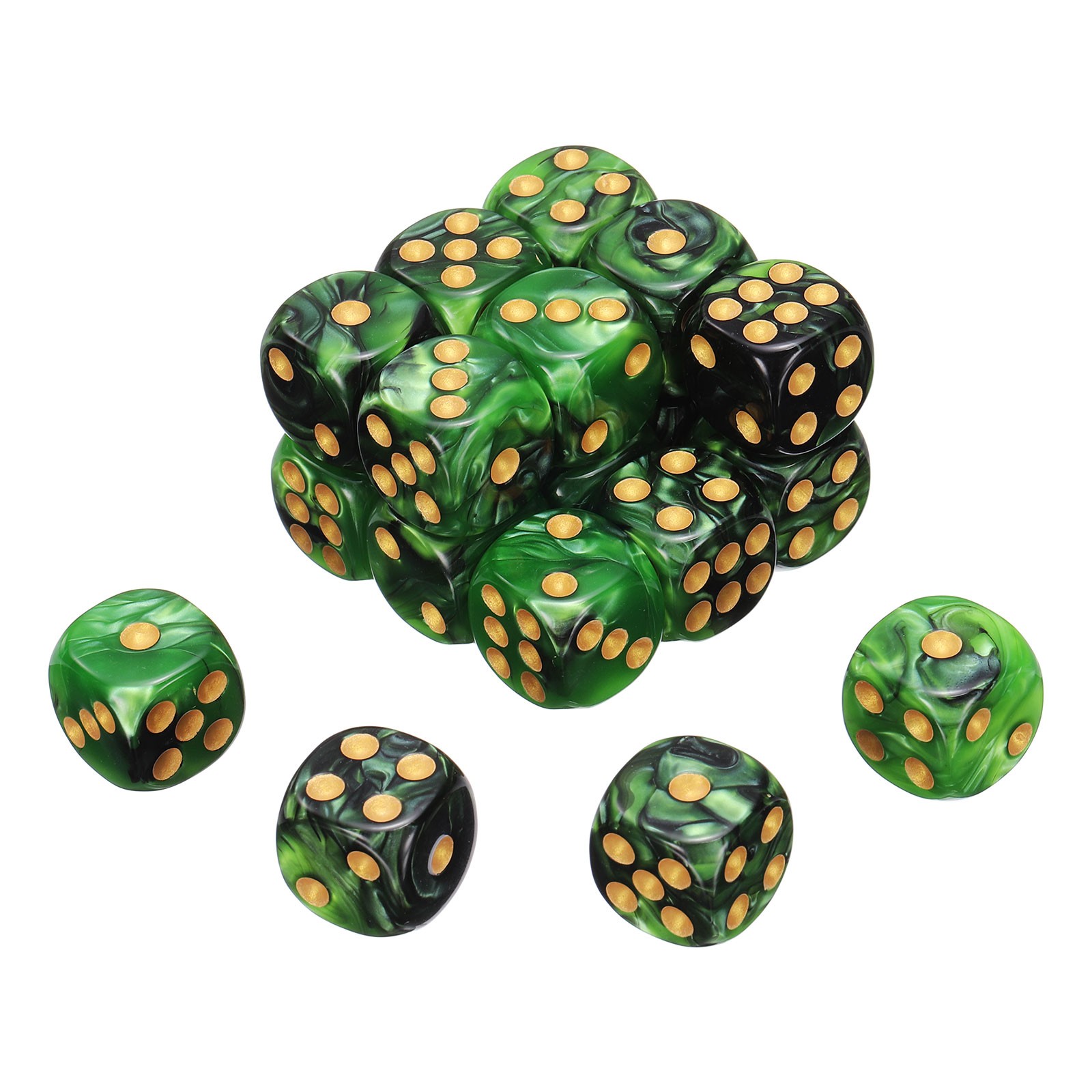 20Pcs 6 Sided Colored Standard Dice, Acrylic D6 Game Dice Light Green/Black,Gold
