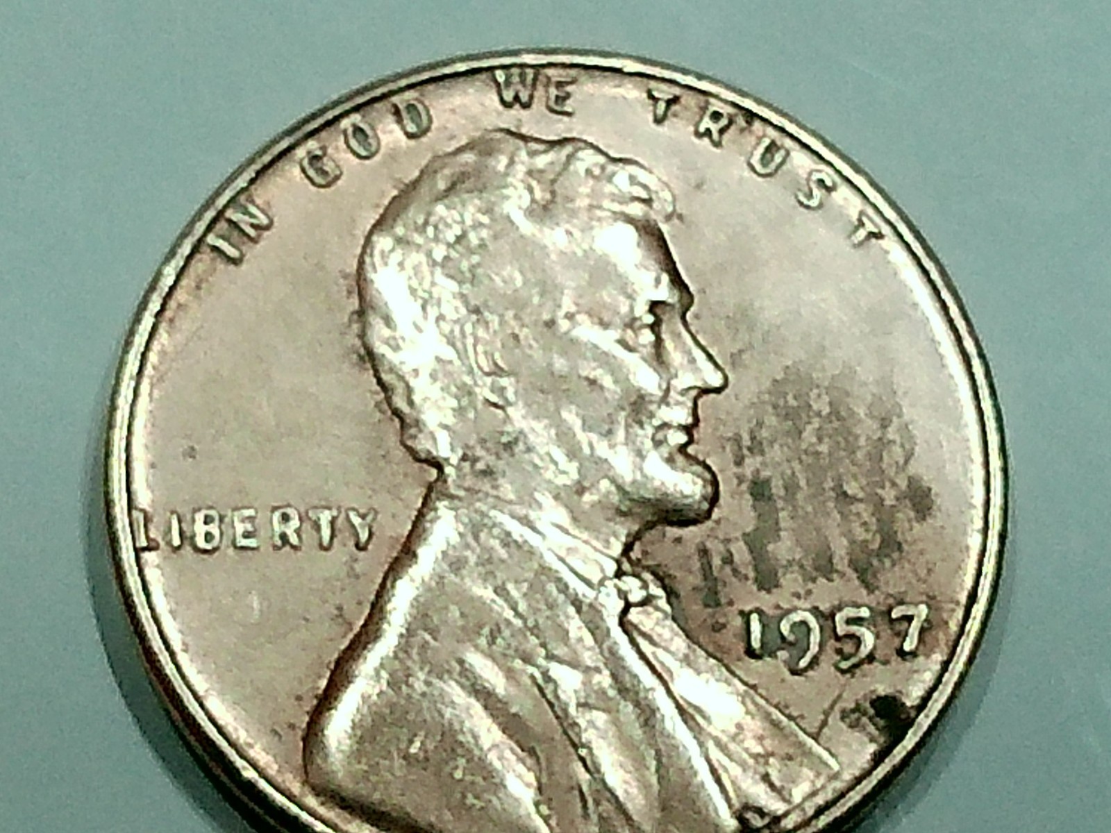 1957 us copper penny - ms - rb - 3.1 - (error) die crack below 5 on date -