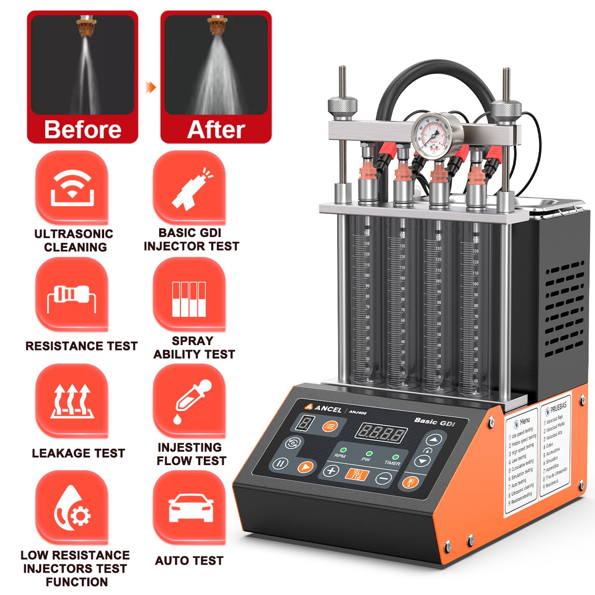 4-Cylinder Car Motorcycle Fuel Injector Cleaner Tester GDI Nozzle Cleaning Kit