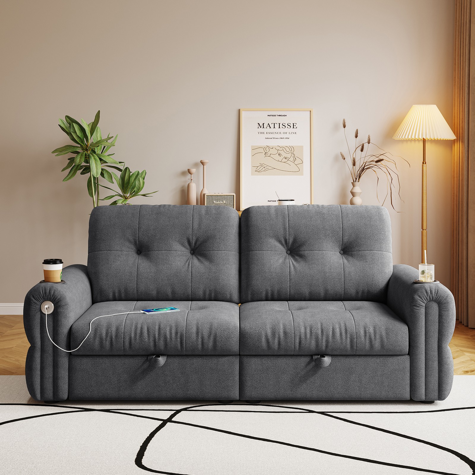 77" Convertible Sofa Bed 2-in-1 Sleeper with Chaise Lounge, Dark Grey Chenille
