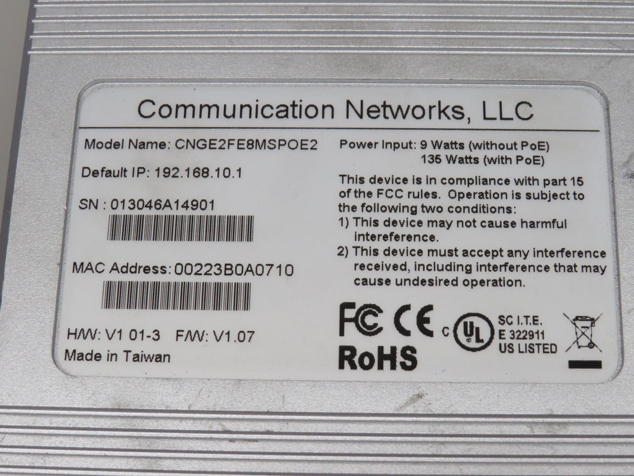 COMMUNICATION NETWORKS CNGE2FE8MSPOE2 ETHERNET SWITCH T161514