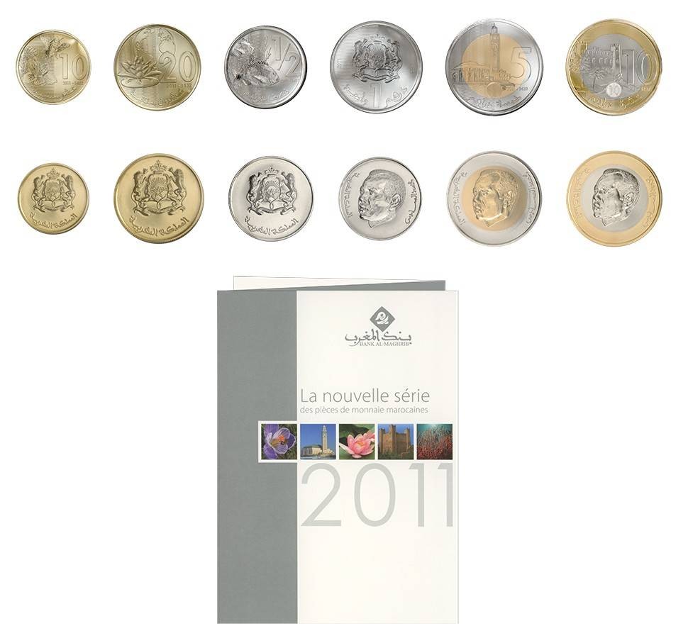 Morocco 10 Centimes - 10 Dirhams Set, 2011, Y #136-141, Mint, w/ French Folder