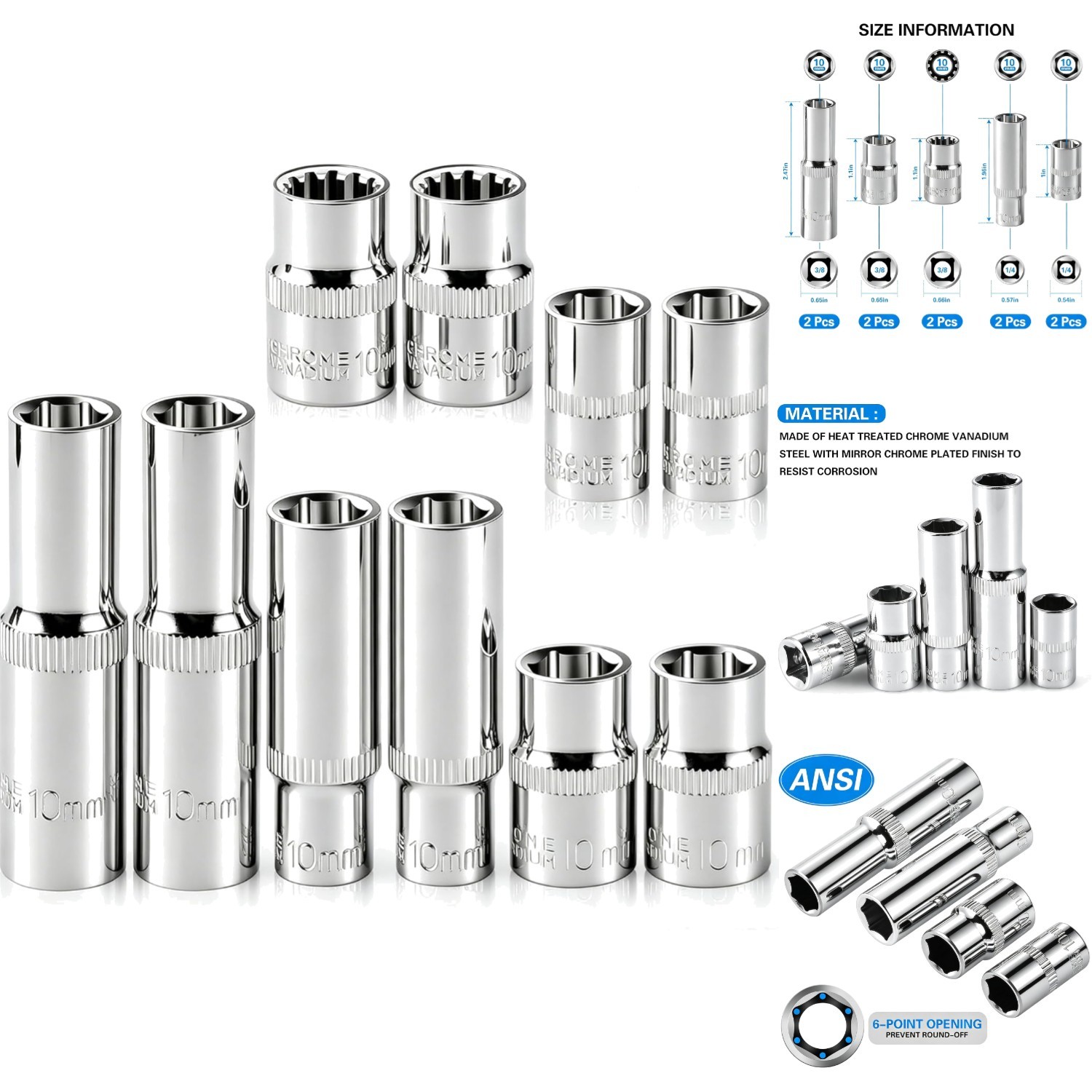 10pc 10mm Socket Set 1/4 & 3/8 Drive Impact Sockets Deep Shallow 6 & 12 Pt Cr-V