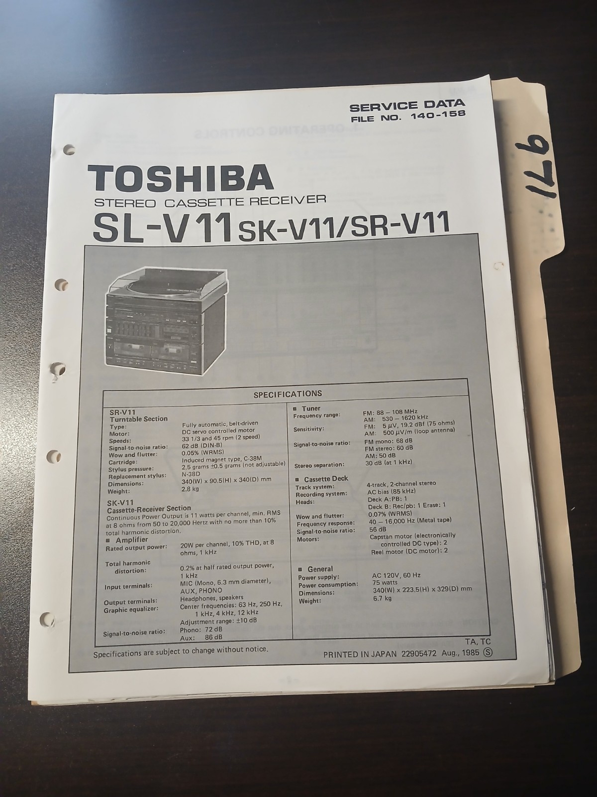 Toshiba SL-V11 SK-V11/SR-V11 Service Manual Original Repair Book Stereo Cassette