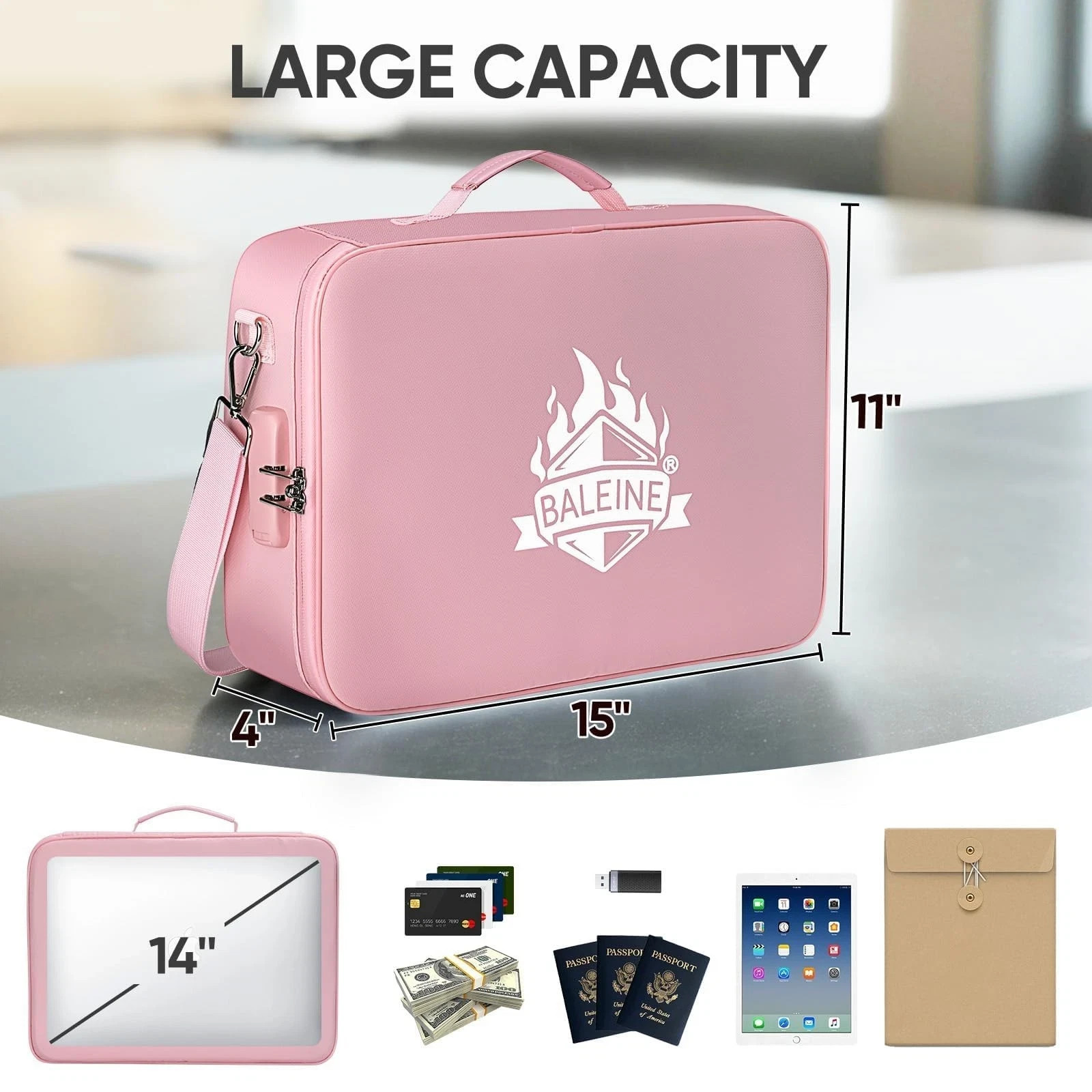 Fireproof Document Box with Lock Portable Waterproof File Organizer Pink