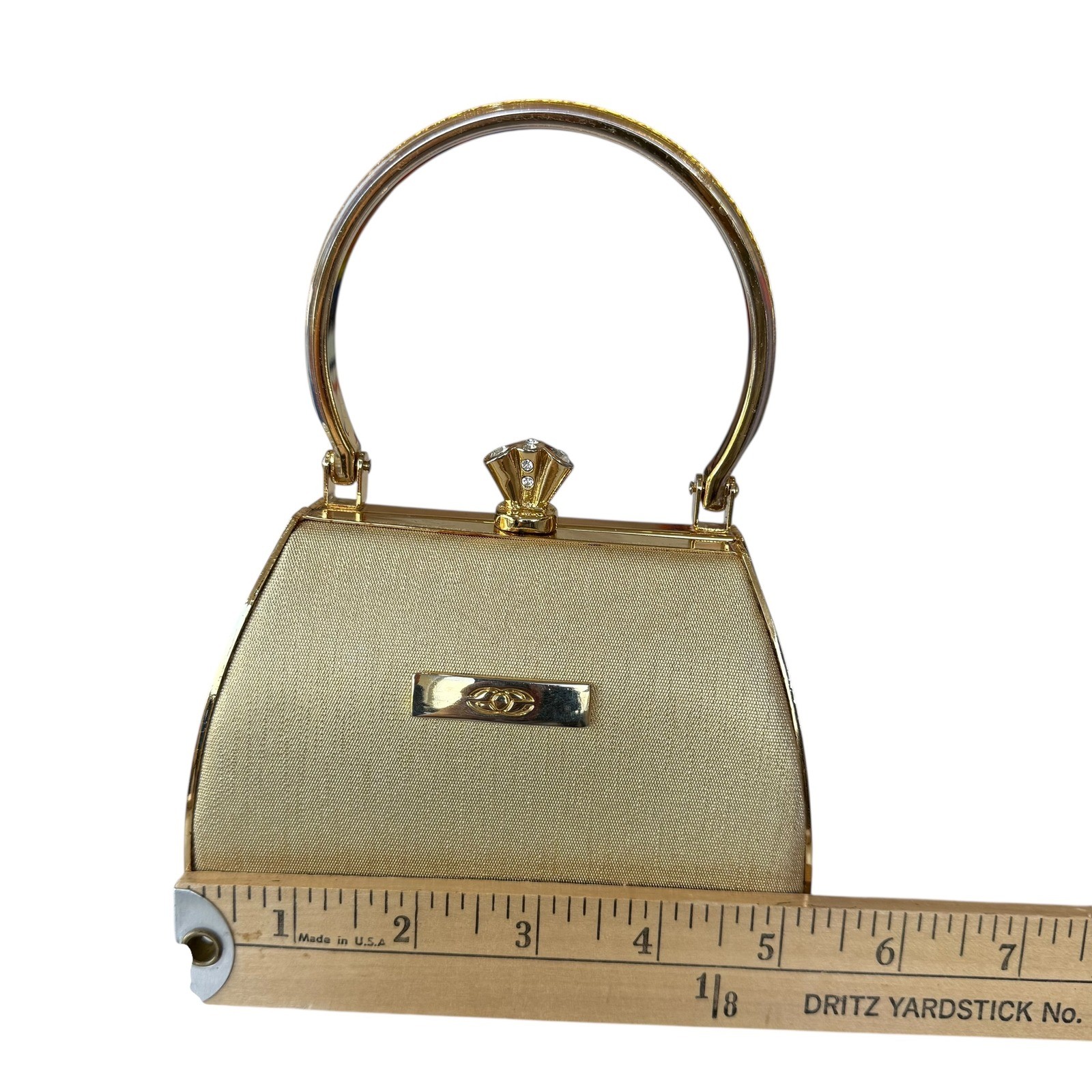 Gold Evening Clutch Handbag with Rhinestone Kiss Lock and Chain Strap