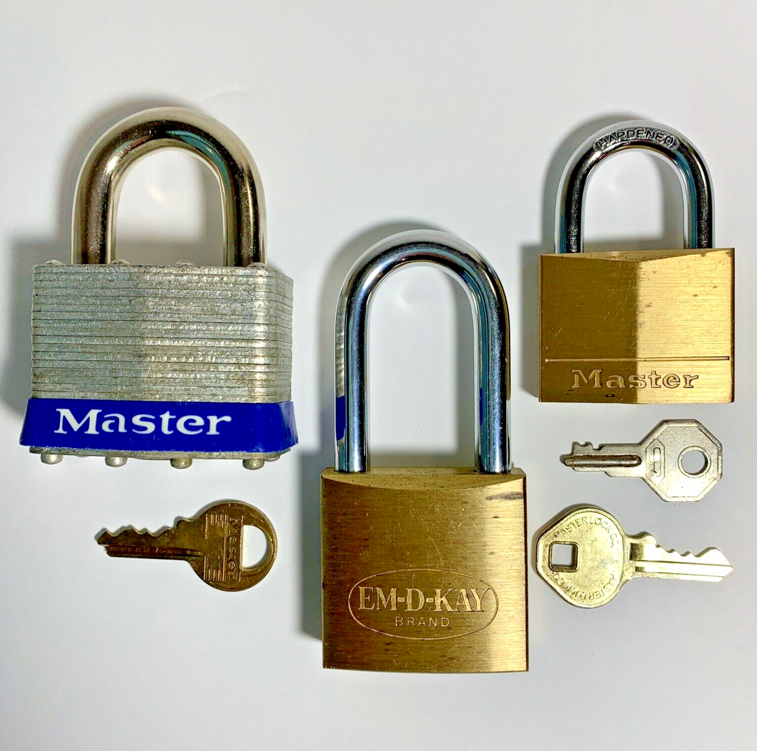 3 Padlocks - 2 Master & 1 EM-D-KAY - All Look & Work Great - Free Priority Mail
