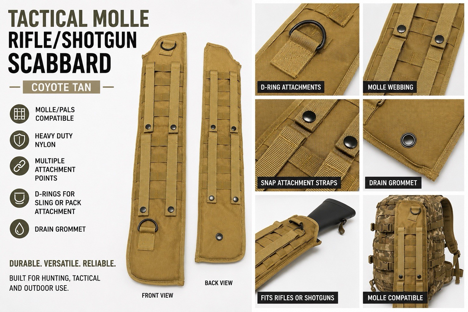 Tactical MOLLE Rifle Shotgun Scabbard Gun Sheath Coyote Tan Adjustable Sling