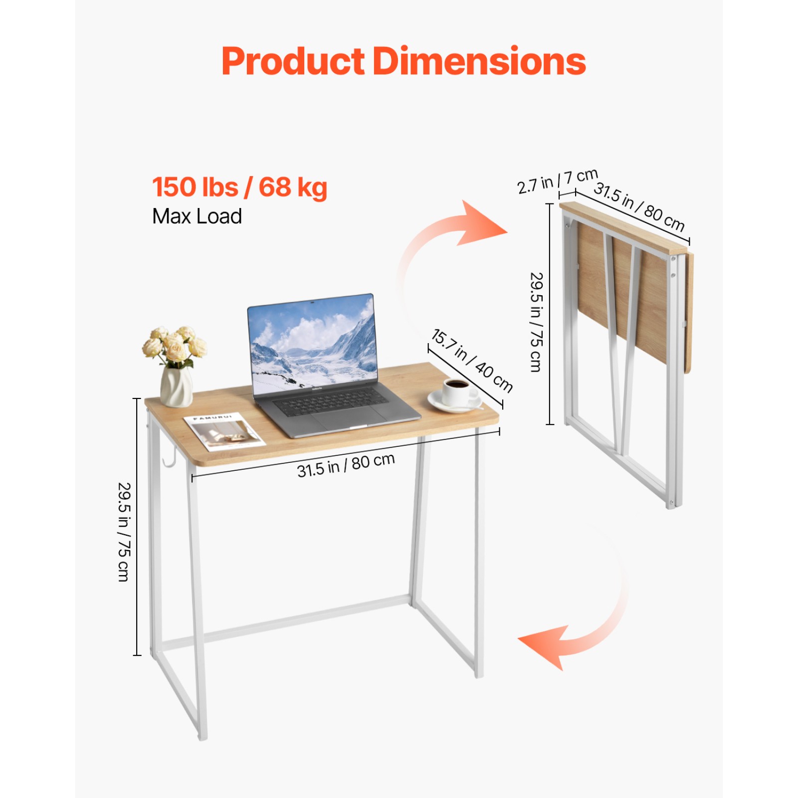 Folding Desk 31.5" Foldable Computer Table with Storage Hooks Oak