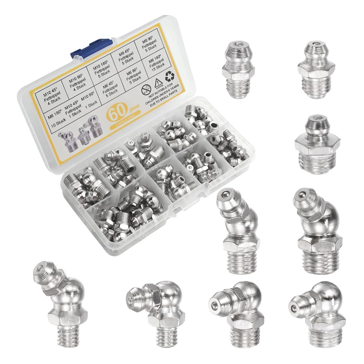 60PCS Metric Grease Fittings Kit, M6 M8 M10 1/4" 1/8" 45 90 Degree Grease Zer...