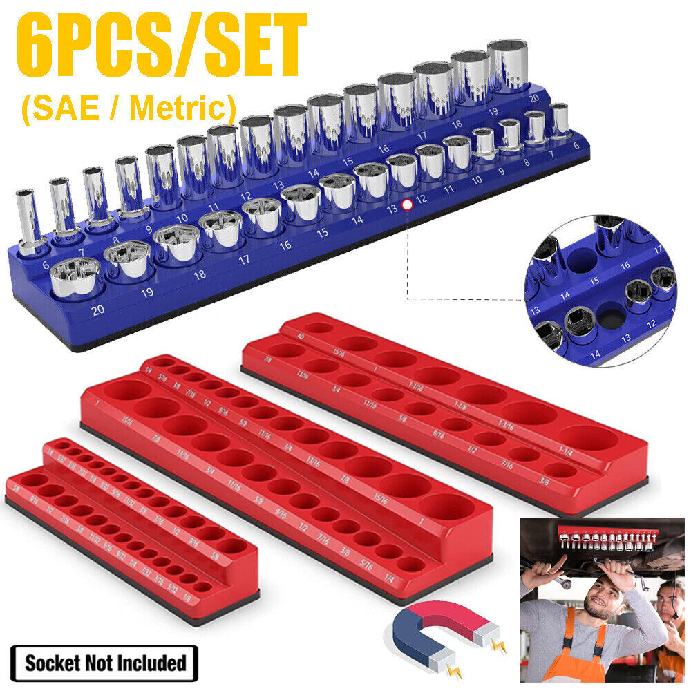 Magnetic Socket Organizer Set 6 pcs 1/2 3/8 1/4-inch Drive SAE and Metric Holder