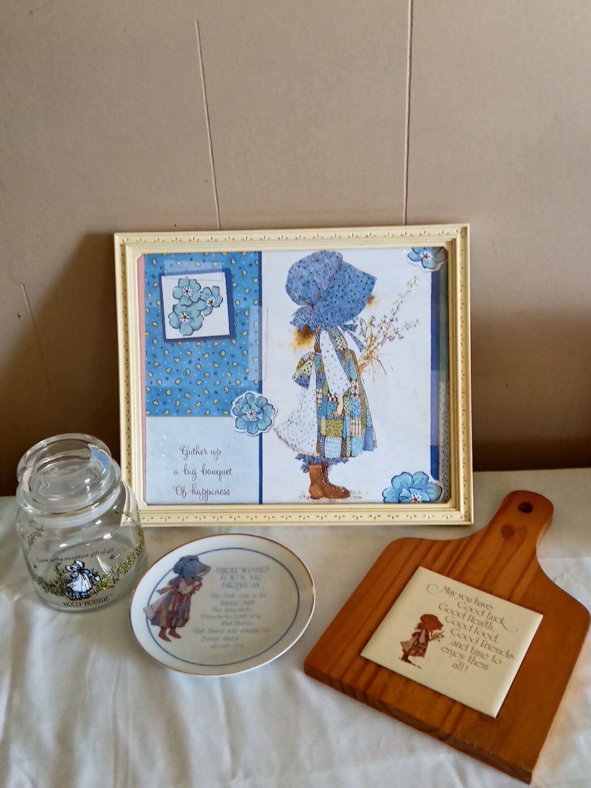 Lot of Vintage Holly Hobbie Kitchen Decor Jar, Plate, Wood Board Framed Picture