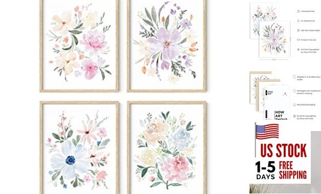 Botanical Prints - Set of 4 Flower Poster, 11x14 Bouquet Flower Unframed
