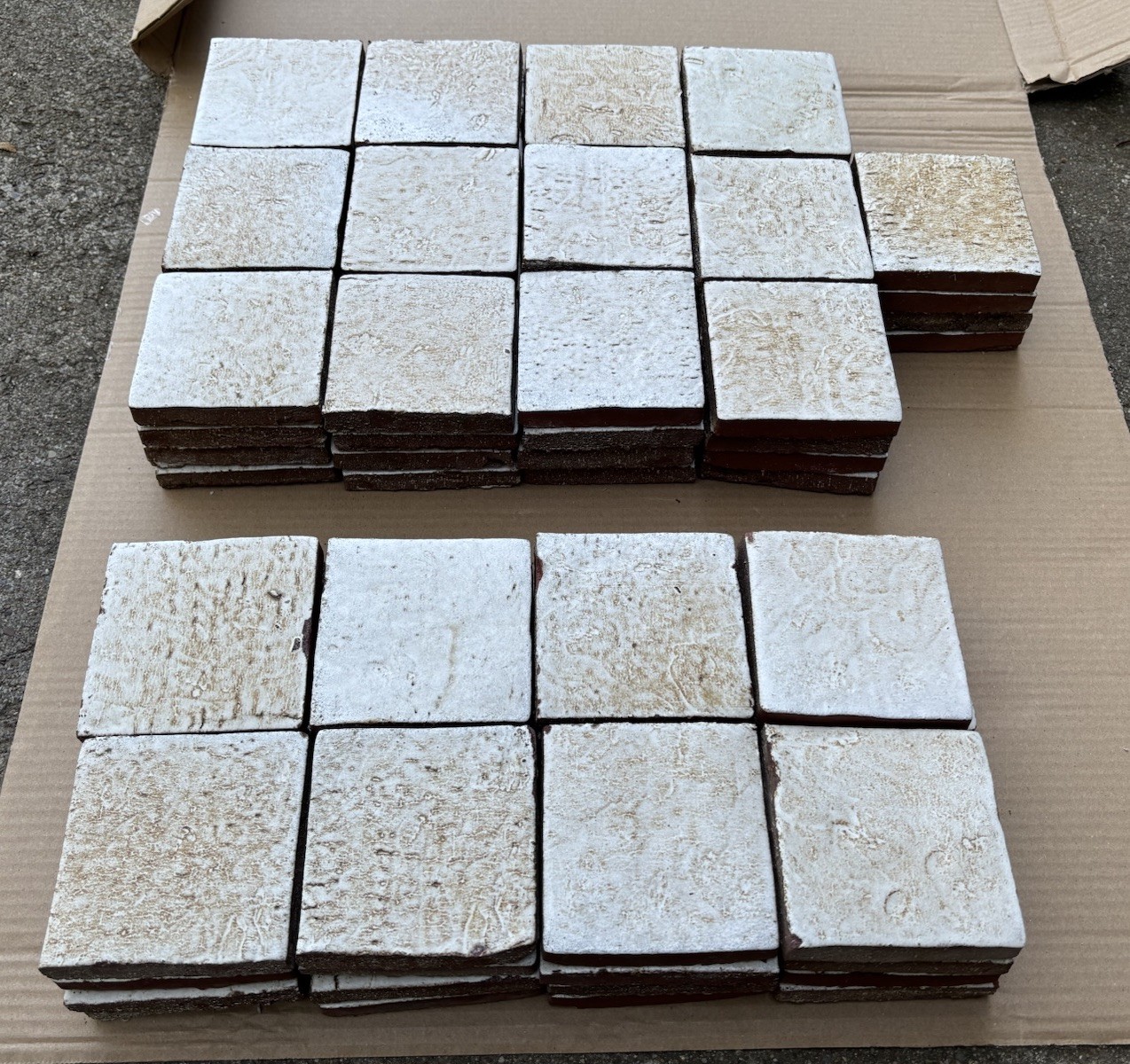 4 Vintage Hand Made Mottled Glazed Field Tile THICK 3 7/8"sq Set of 4 NOS #A