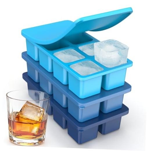 Large Silicone Ice Cube Trays with Lids, ZDPMK Pack Large Ice 3 Blue 3 Pack