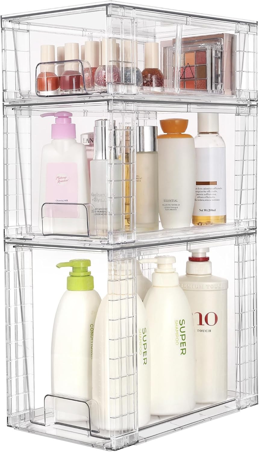 3 Pack Clear Stackable Storage Drawers,Easy to Assemble Bathroom Organizers a...