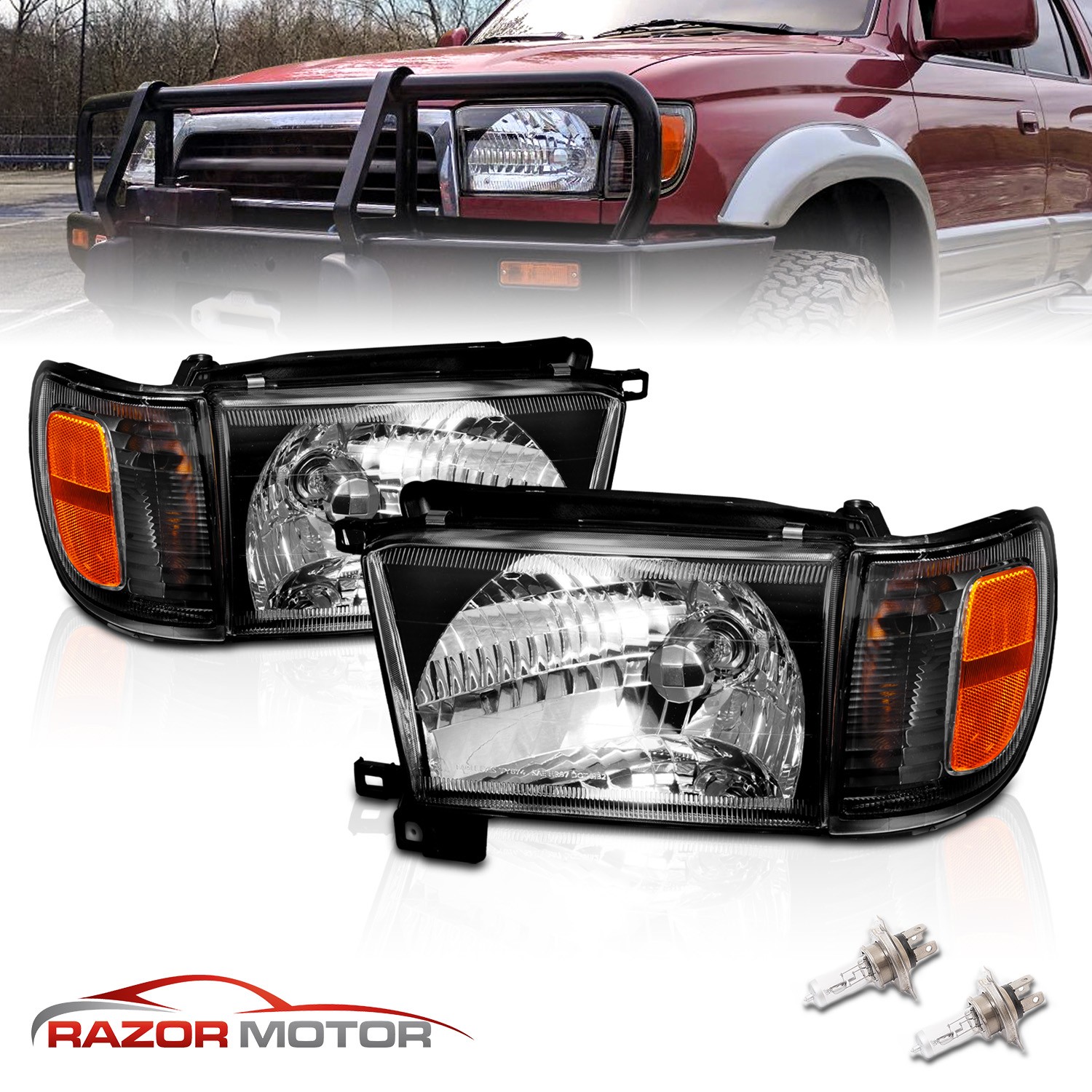 1996-1998 Black Glass Headlight + Corner Light Pair For Toyota 4Runner w/ Bulb
