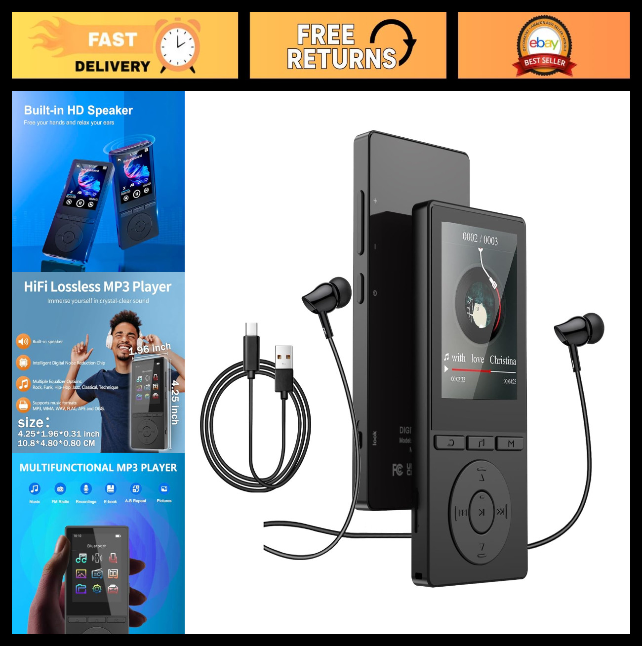 64GB Bluetooth MP3 Player, HiFi Sound, Voice Recorder, FM Radio, 2.4" Screen, Ex