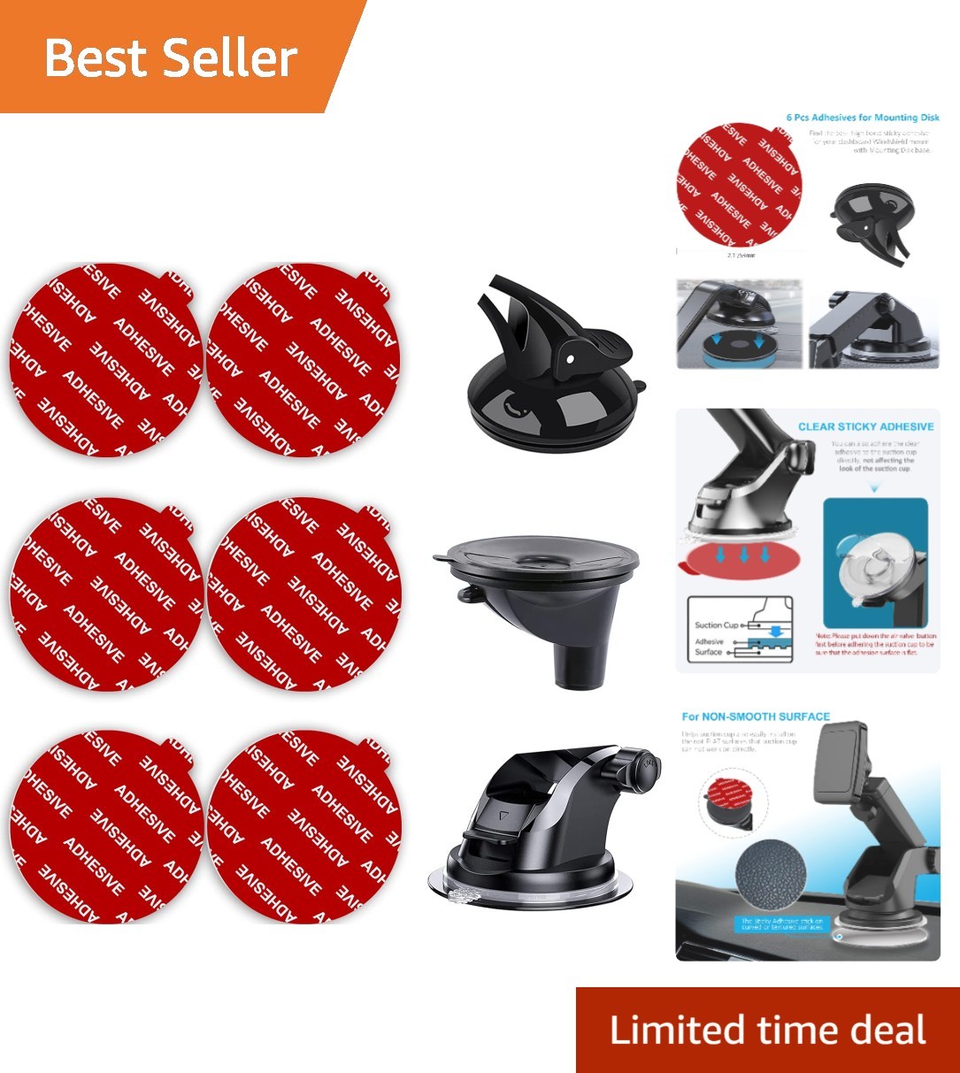 6-Pack Double-Sided Adhesive Pads for Suction Cup Mounts - Car & Dashboard Use
