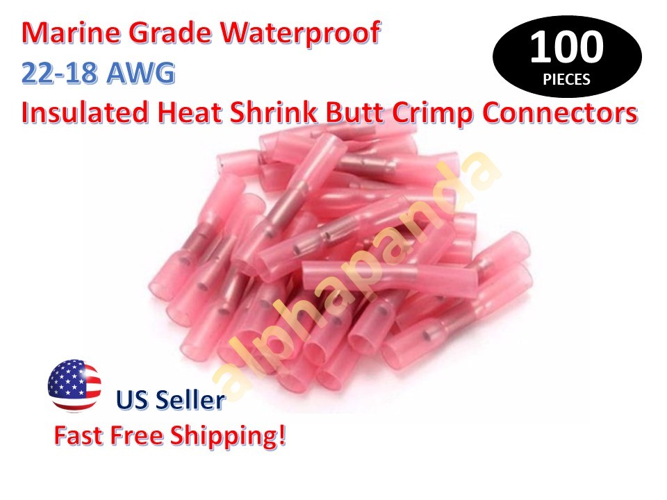 100x MARINE GRADE 22-18 RED HEAT SHRINK BUTT CRIMP WIRE CONNECTORS TERMINALS