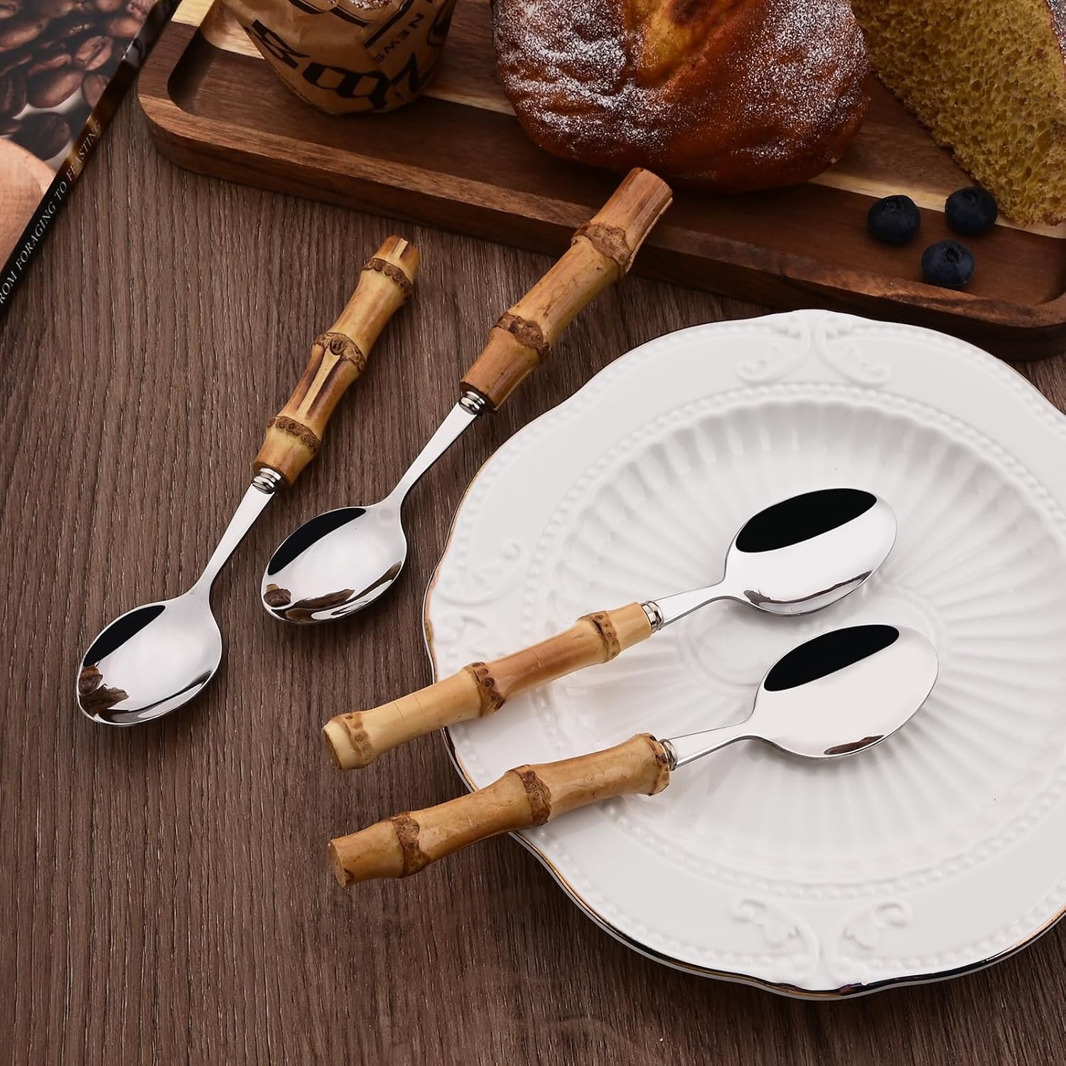 40PCS Silverware Set 10 Bamboo Handle Flatware Set Stainless Steel Cutlery Set