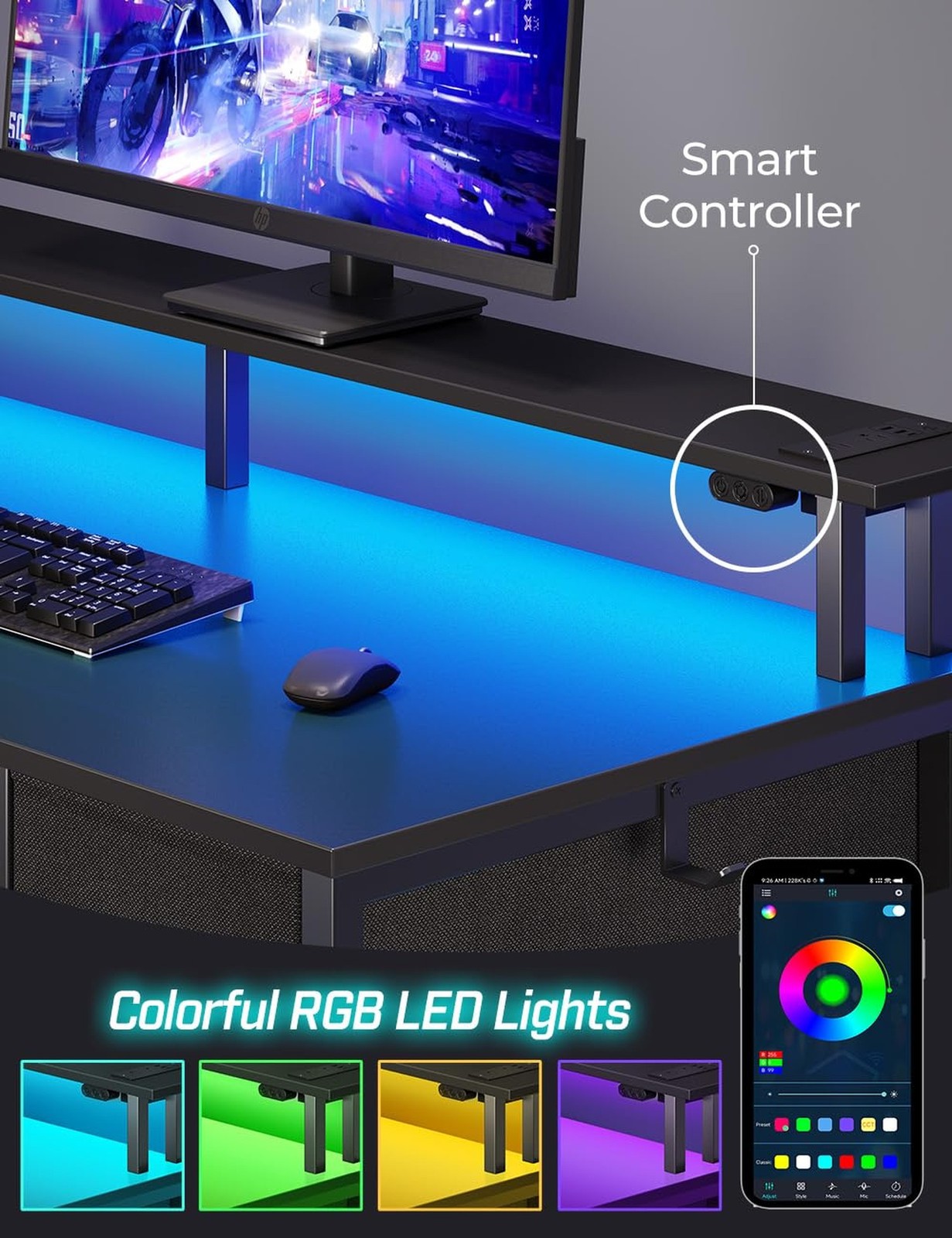 Seventable Computer Desk with Power Outlets & LED Light, 39 inch Home Office ...