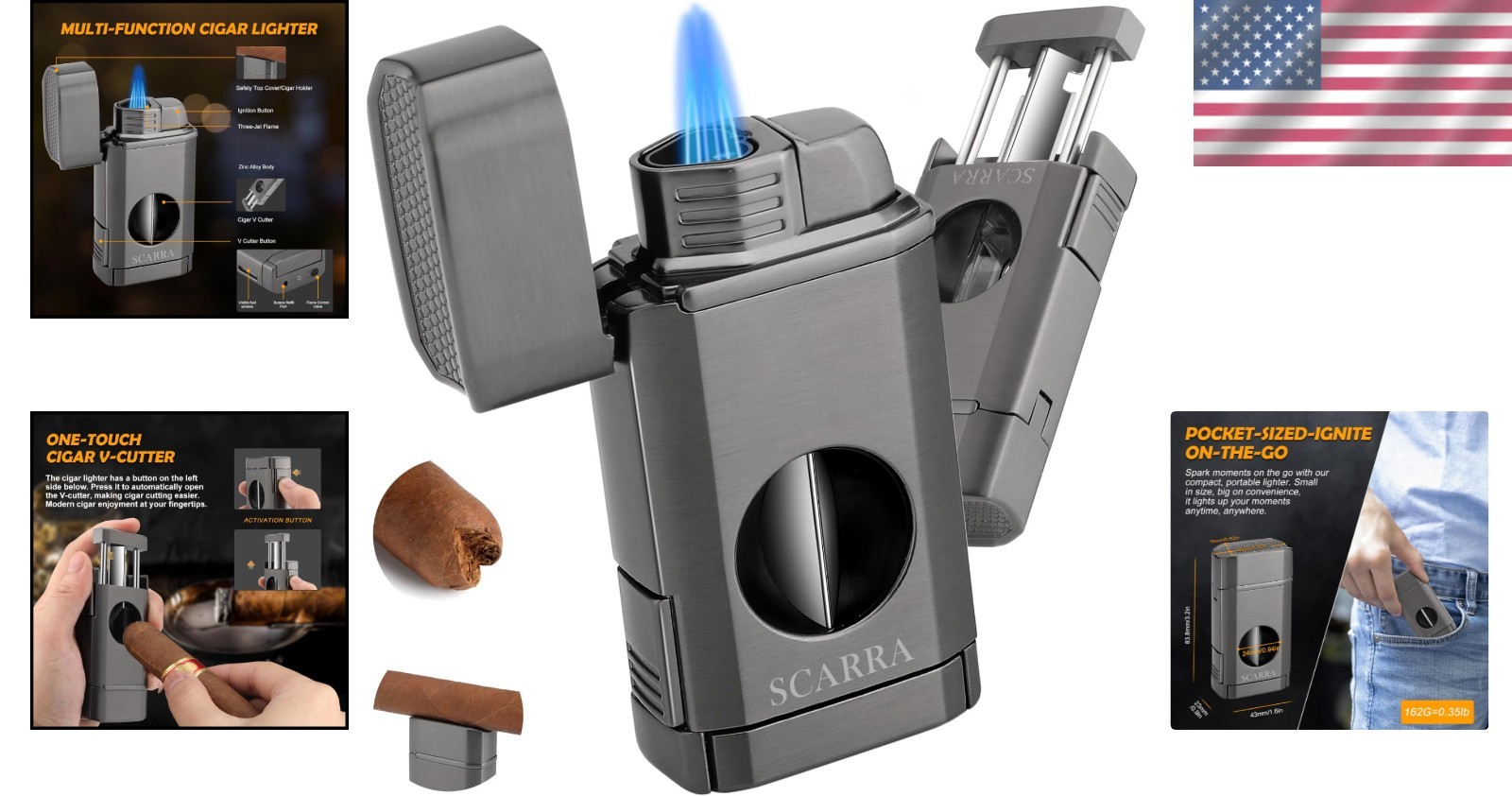 Cigar Torch Lighter, Multi-Function 3-in-1 Torch Lighter Gift for Men, Butane...