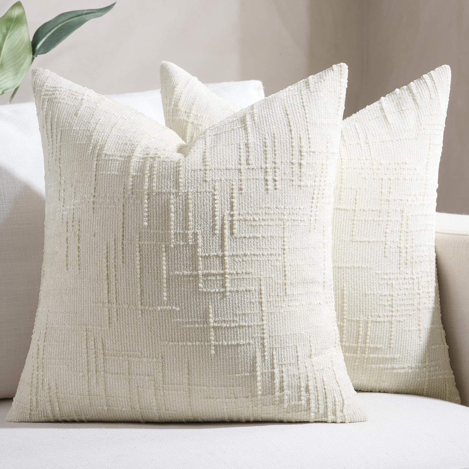 Cream White 20x20 Inch Set of 2 Throw Pillow Covers - Chenille Spring Farmhou...